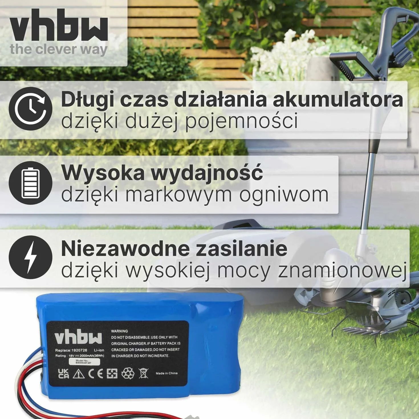 vhbw Akumulator kompatybilny z Yard Force Amiro 400, 400i, 350i, 350 (2000 mAh 18 V Li-Ion)
