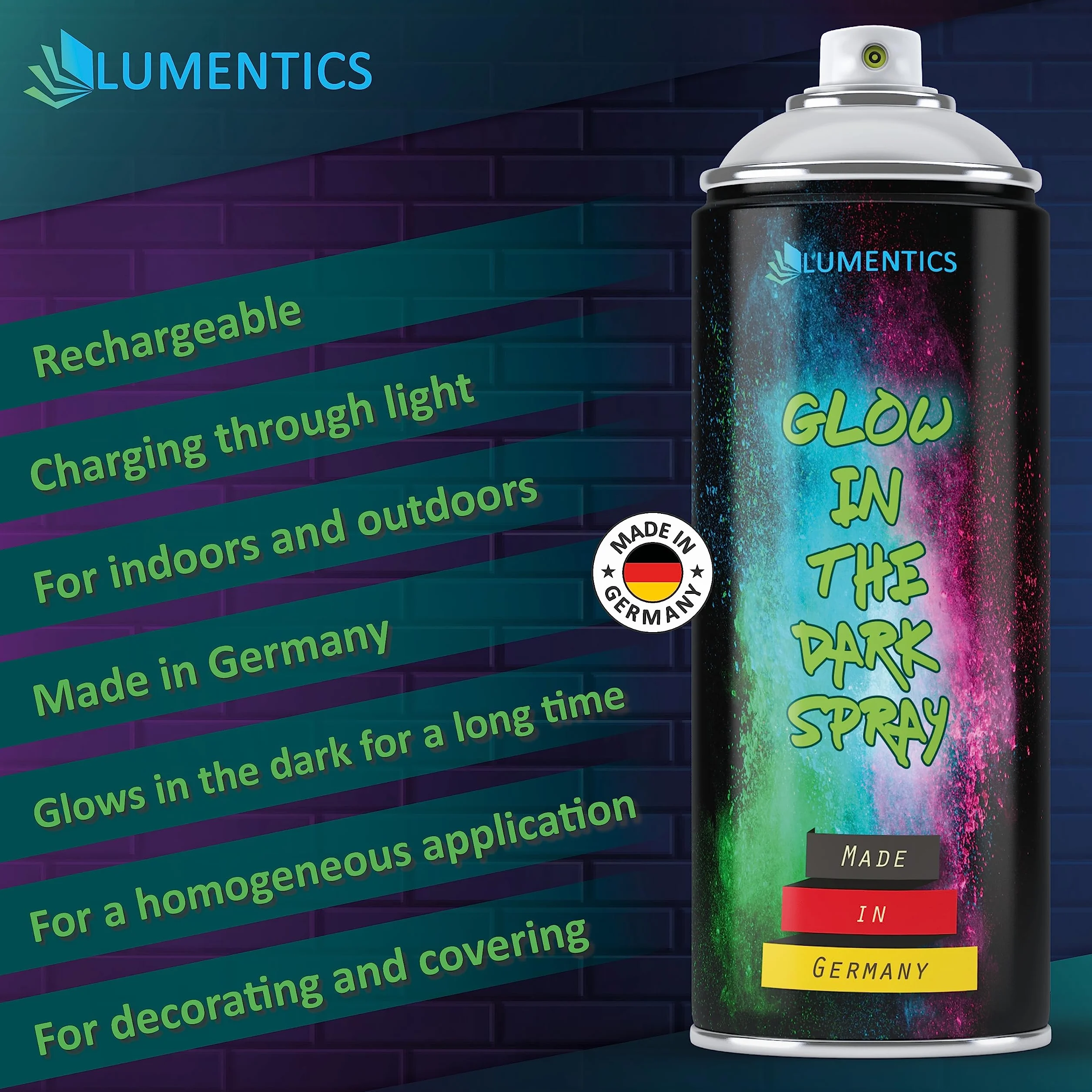 LUMENTICS Świecący spray naturalny niebieski – świecący w ciemności – Made in Germany – puszka sprayu 400 ml z dodatkową nasadką