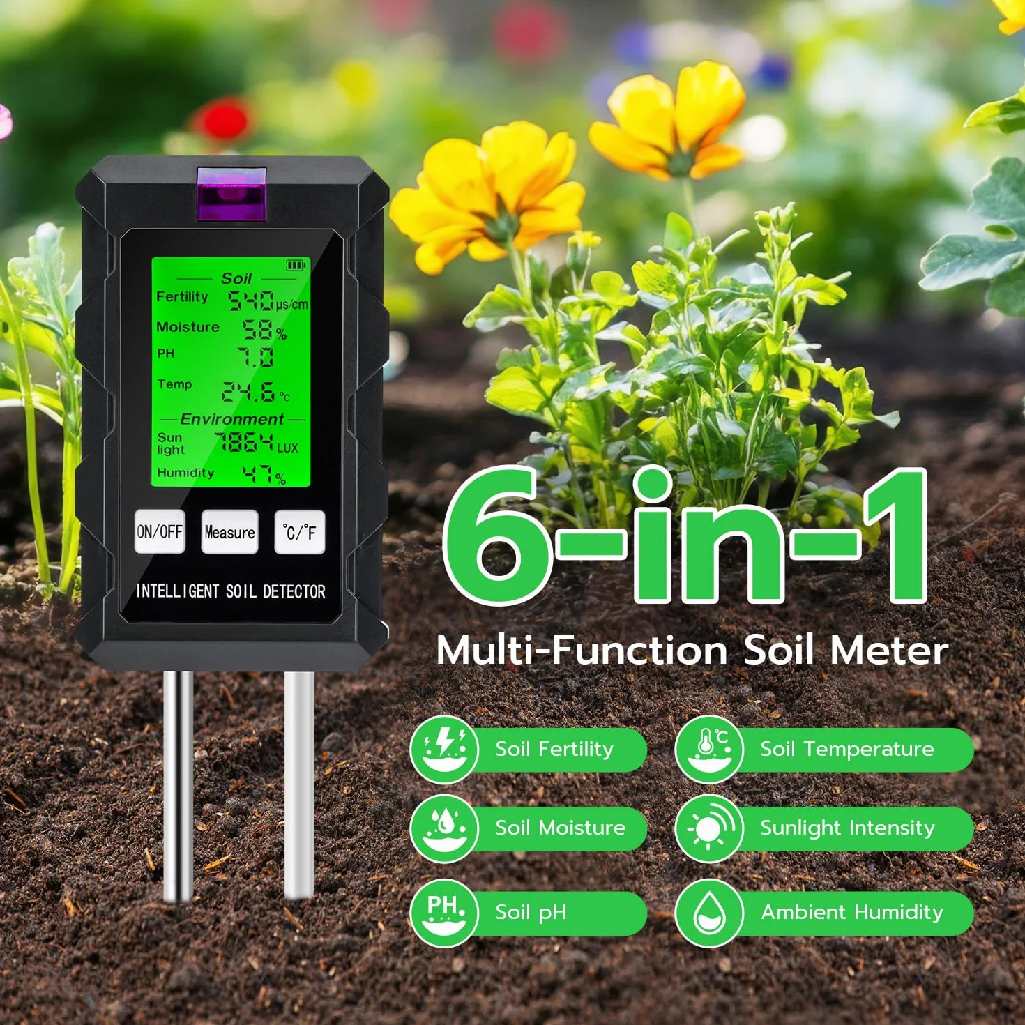 Mcbazel Tester gleby, wielofunkcyjny tester gleby 6 w 1 pH/temperatura/płodność/natężenie światła / wilgotność otoczenia, miernik wilgotności powietrza do roślin trawnikowych/roślin