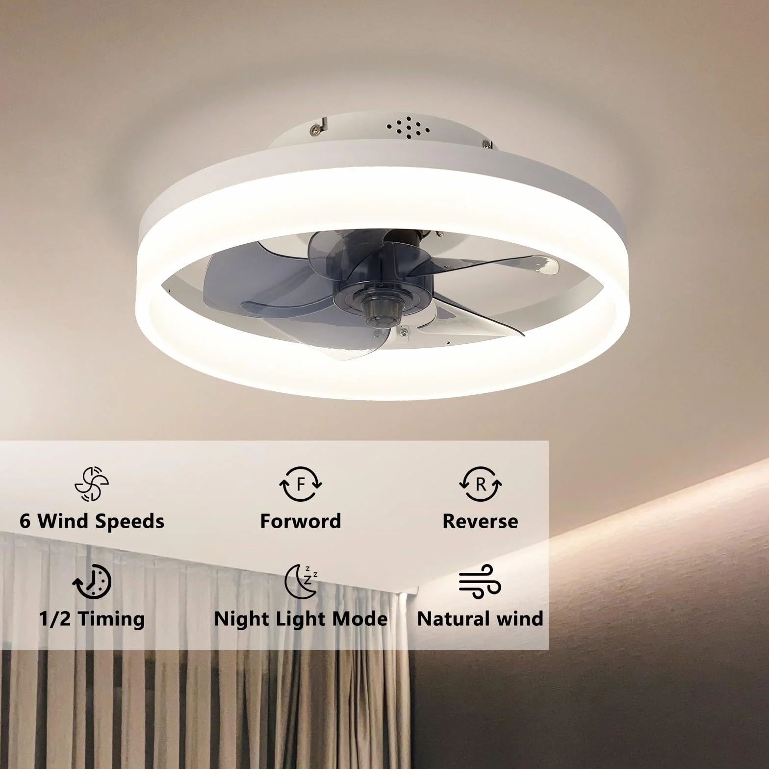 Wentylator sufitowy 40 cm z oświetleniem LED, 6 prędkości, odwracany, pilot, aplikacja