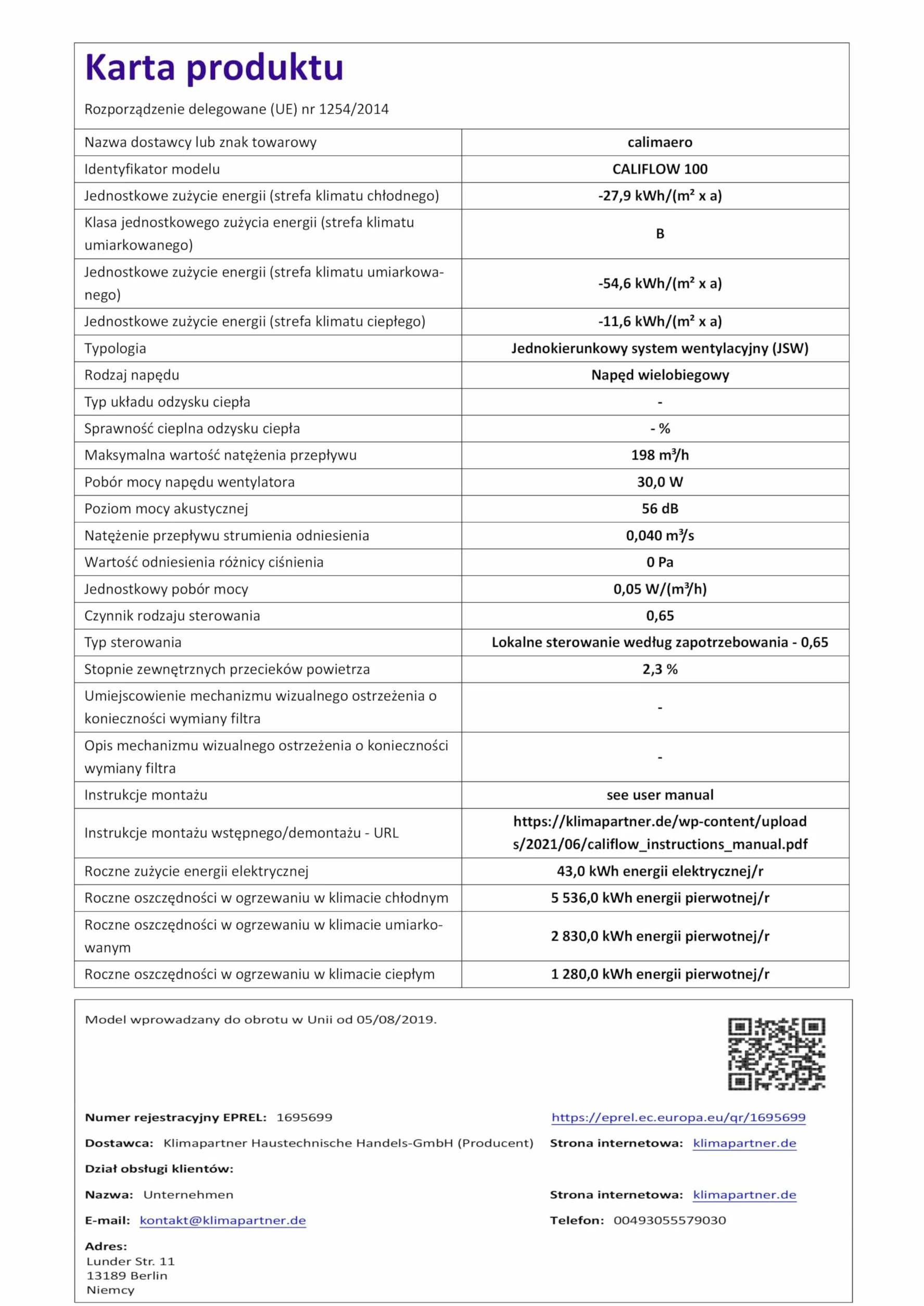 CALIFLOW wentylator rurowy 100mm 198 m³/h 33 W 56 dB