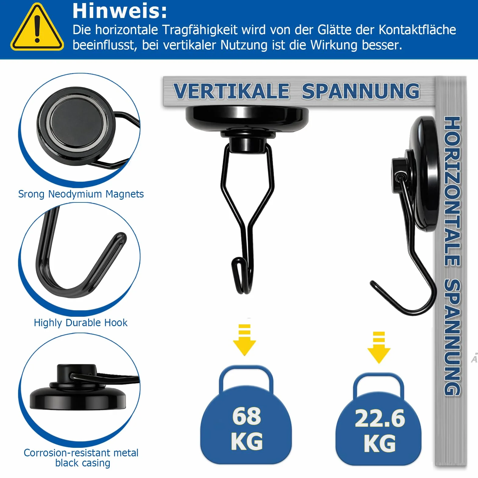 Haczyki magnetyczne, ekstra mocne, 42 mm, 68 kg, z magnesami neodymowymi, do ekstremalnych obciążeń w garażu i warsztacie, obrotowe i nierdzewne czarne, 3 sztuki