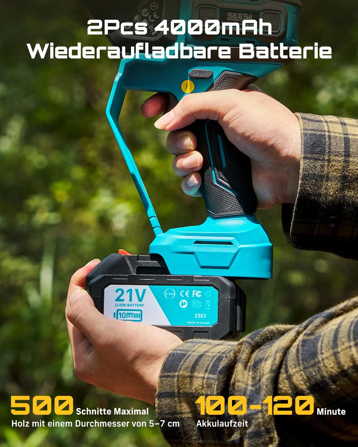 SEESII Mini piła łańcuchowa, 1000 W, bezszczotkowa piła łańcuchowa z 2 bateriami 4000 mAh, mała piła z automatycznym smarowaniem łańcucha i naprężeniem łańcucha bez użycia narzędzi, piła do gałęzi