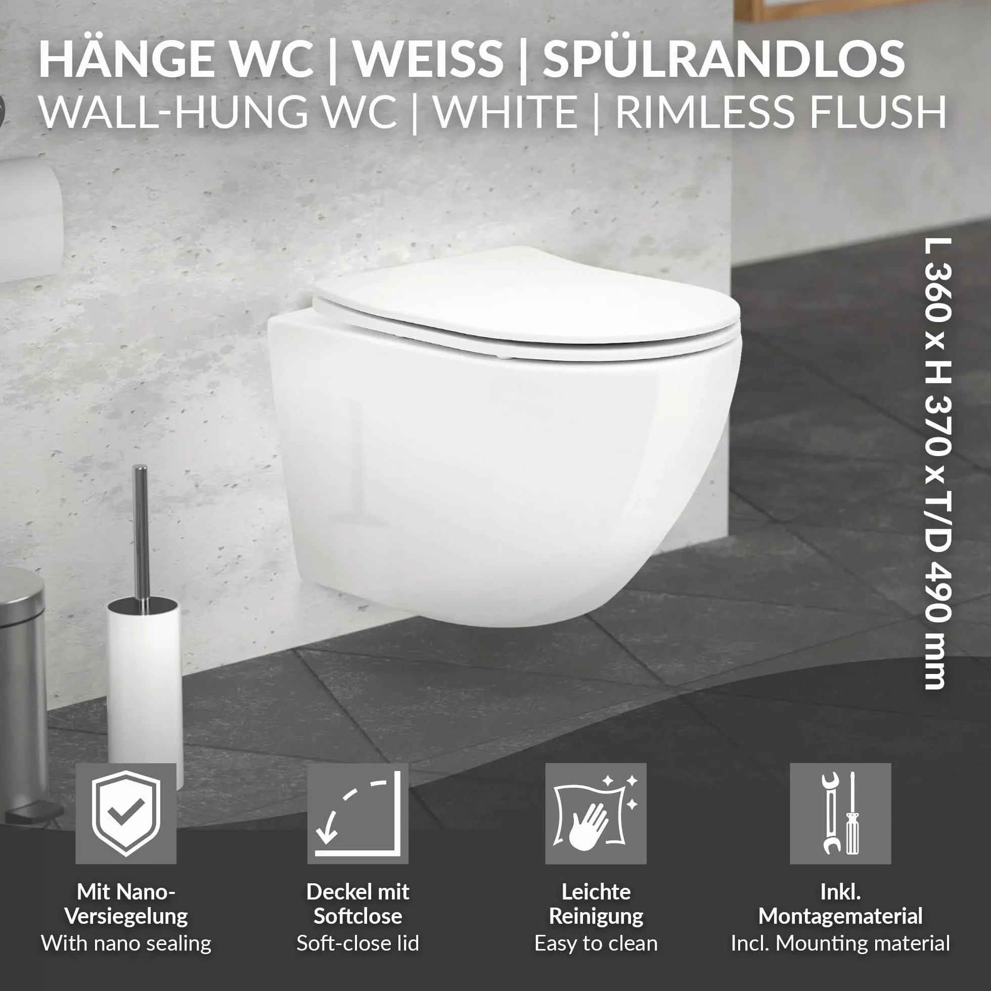 LuxeBath Rimless Toaleta wiszaca kompaktowa 49cm z powloka nano w odcieniu blyszczacej bieli ceramiczna miska z powloka antybakteryjna zdejmowana deska z duroplastu z funkcja samoczynnego opuszczania