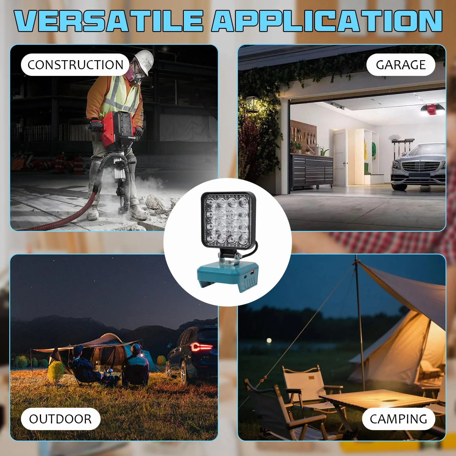 BOSCH reflektor LED akumulatorowy 18 V, lampa kempingowa, 48 W, 6000 lm, lampa robocza LED, typ C/USB, ochrona niskiego napięcia, do garażu, na kemping, plac budowy