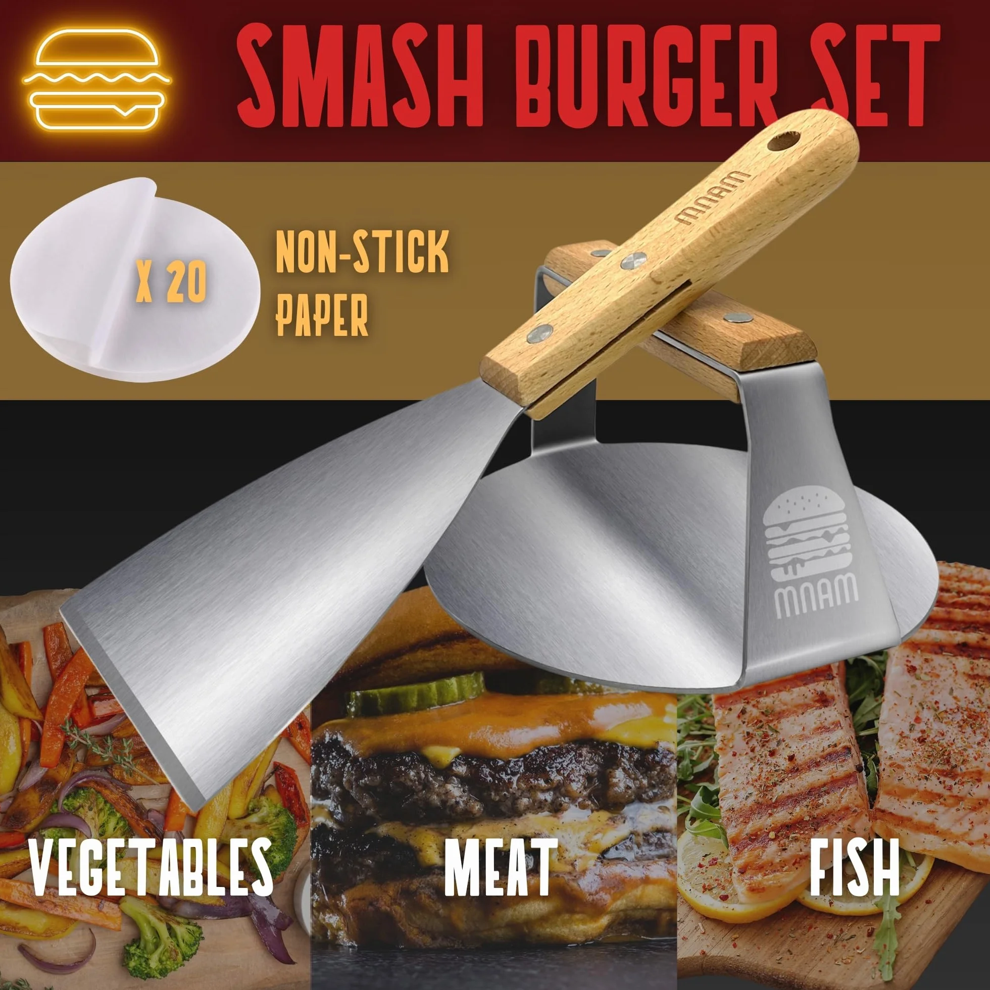 Prasa do hamburgerów Smash - stal nierdzewna, zestaw Smash Burger z łopatką, forma do hamburgerów do domu, idealny do grillowania i żelazka - profesjonalny Smasher drewniany uchwyt