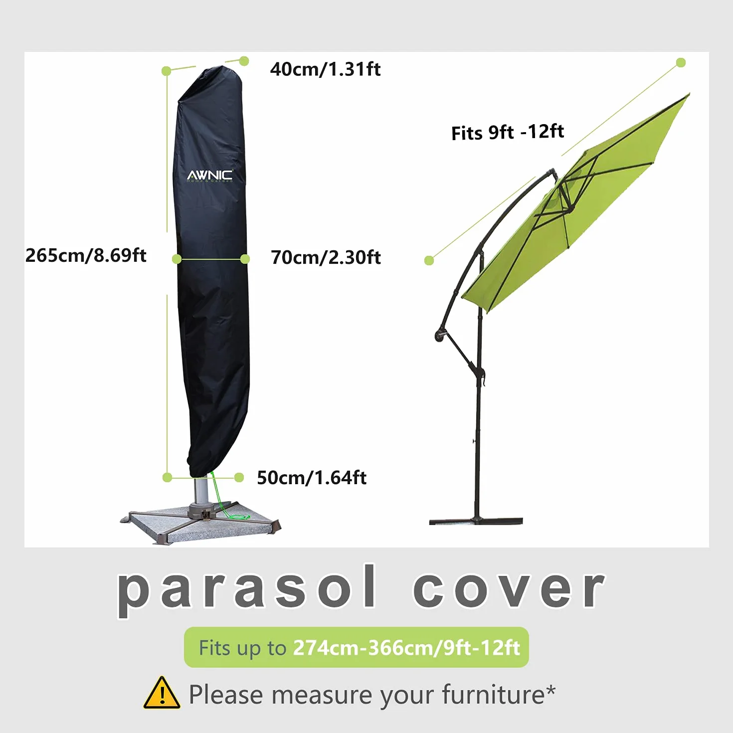 Awnic Pokrowiec ochronny na parasol przeciwsłoneczny Ø 300 cm, 420D, wodoszczelny, 265 x 40/50 cm