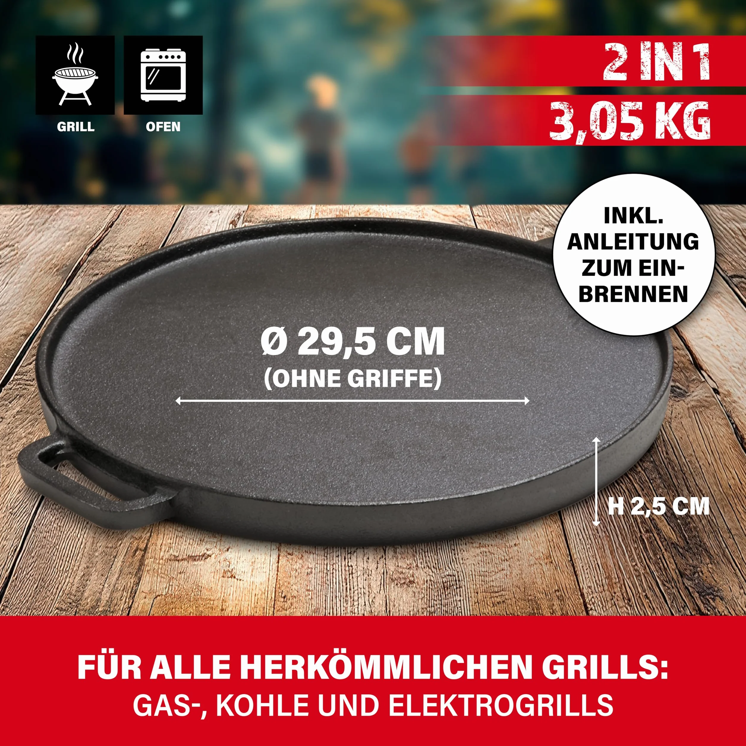 BBQ Boss Żeliwna płyta grillowa [2 w 1], ruszt do grillowania, okrągła płyta do grilla, dwustronna, do grilla i piekarnika, Ø 29,5