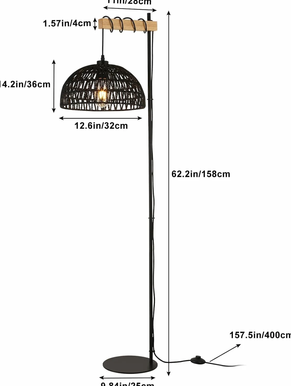 Alpinaluz Lampa Podłogowa E27 Czarny Pleciony Papier Czarna Podstawa 158 cm | Ręcznie wykonany klosz Ø32 cm, styl boho nordycki z wtyczką i przełącznikiem nożnym do salonu, sypialni i czytania