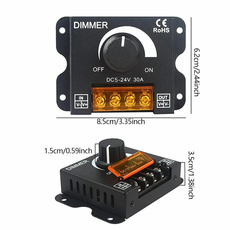 Taśma LED ściemniacz, DC 12 V-24 V 30 A PWM regulator ściemniania, z przyciskiem wł./wył. do regulacji jasności, ściemniacz LED, aluminiowa obudowa, pasuje do taśm świetlnych LED 5050 3528