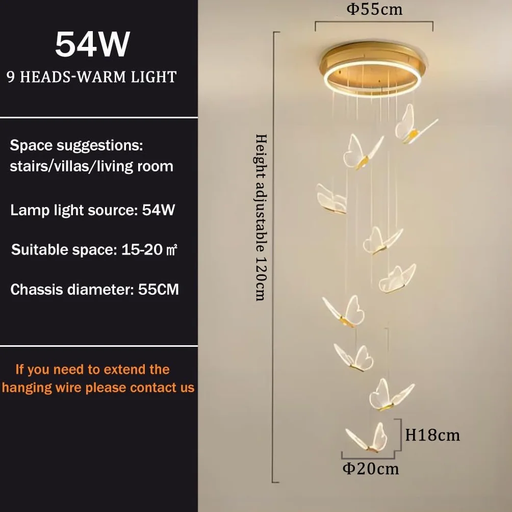 Żyrandole LED do przedpokoju Salon Wysoki żyrandol sufitowy Akrylowy motyl Duże lampy wiszące Oprawa oświetleniowa Nowoczesna jadalnia Przedpokój Światła na schody Lampa sufitowa LED z możliwo