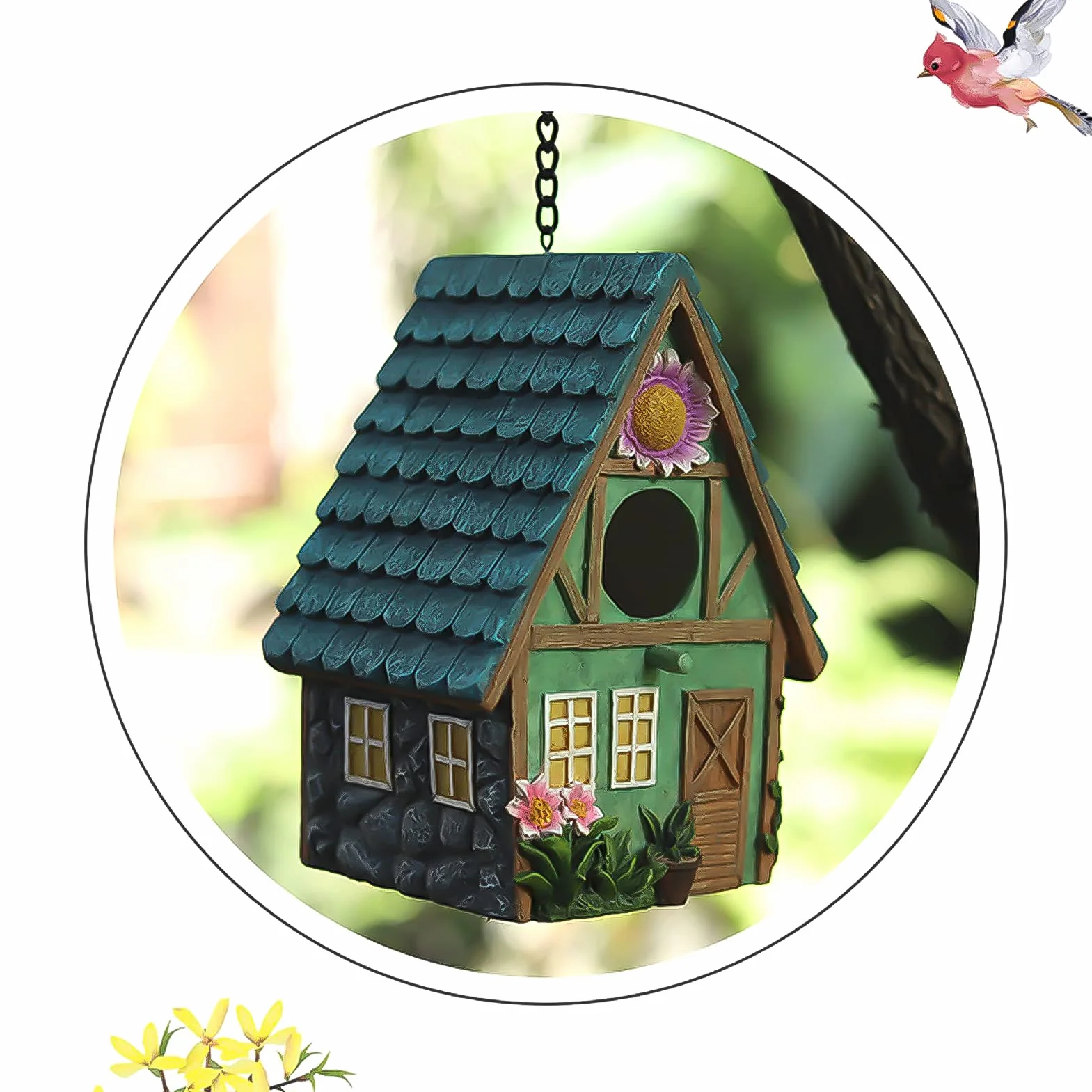 Drewniany domek dla ptaków 21 x 15 x 13 cm dekoracyjny dach wiszący do ogrodu