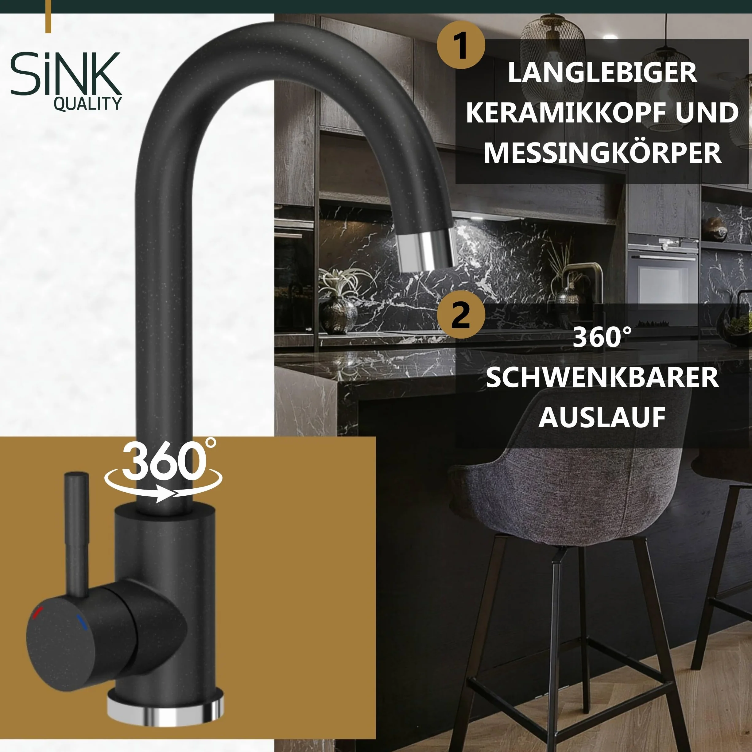 SINK QUALITY zlewozmywak granitowy czarny cętkowany z armaturą 58 x 47 – zlewozmywak z syfonem i środkiem impregnującym – zlewozmywak kuchenny czarny nakrapiany z ociekaczem do szafki pod umywalkę 50