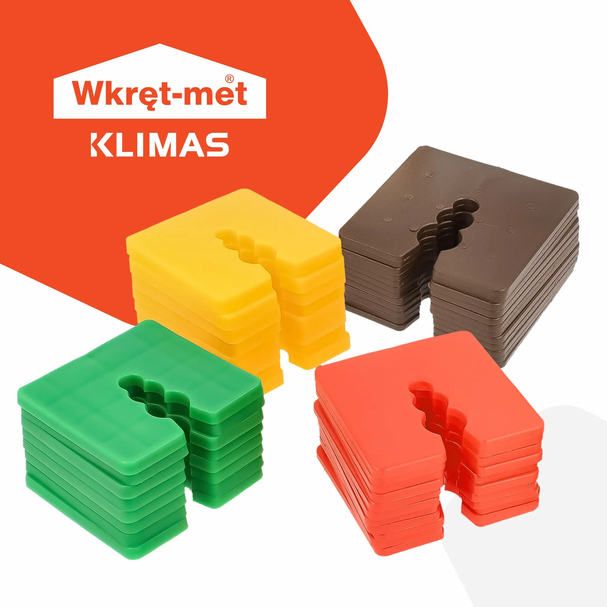 PODKŁADKI DYSTANSOWE Z TWORZYWA SZTUCZNEGO ZESTAW 200-CZĘŚCIOWY 50 x 50 mm WKRĘT-MET® KLIMAS Podkładki w Różnych Kolorach Podkładki klinowe Tuleje dystansowe Wysokość 2-5 mm MIKS