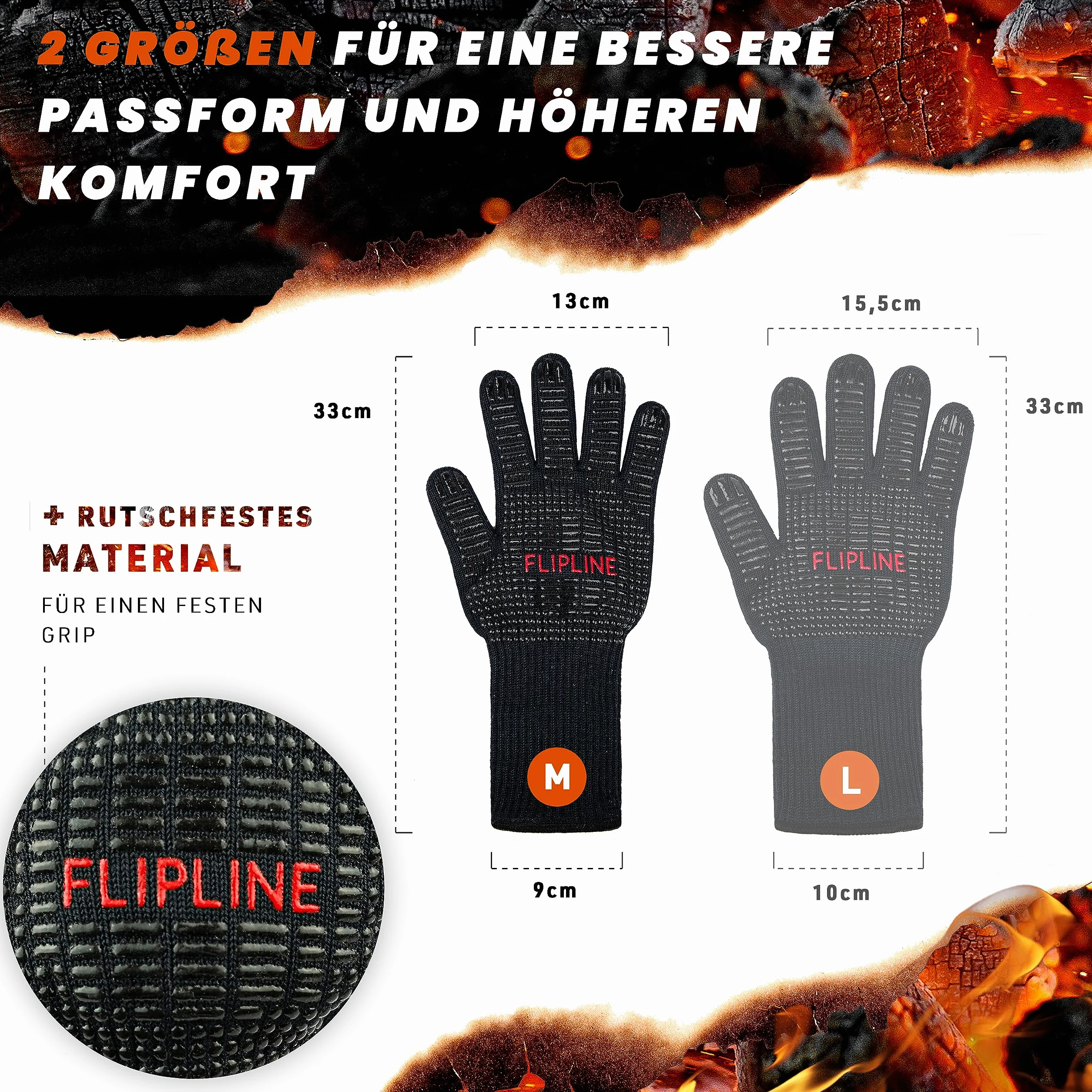FLIPLINE® Rękawice do grillowania odporne na wysokie temperatury ogniotrwałe do kuchni i grilla