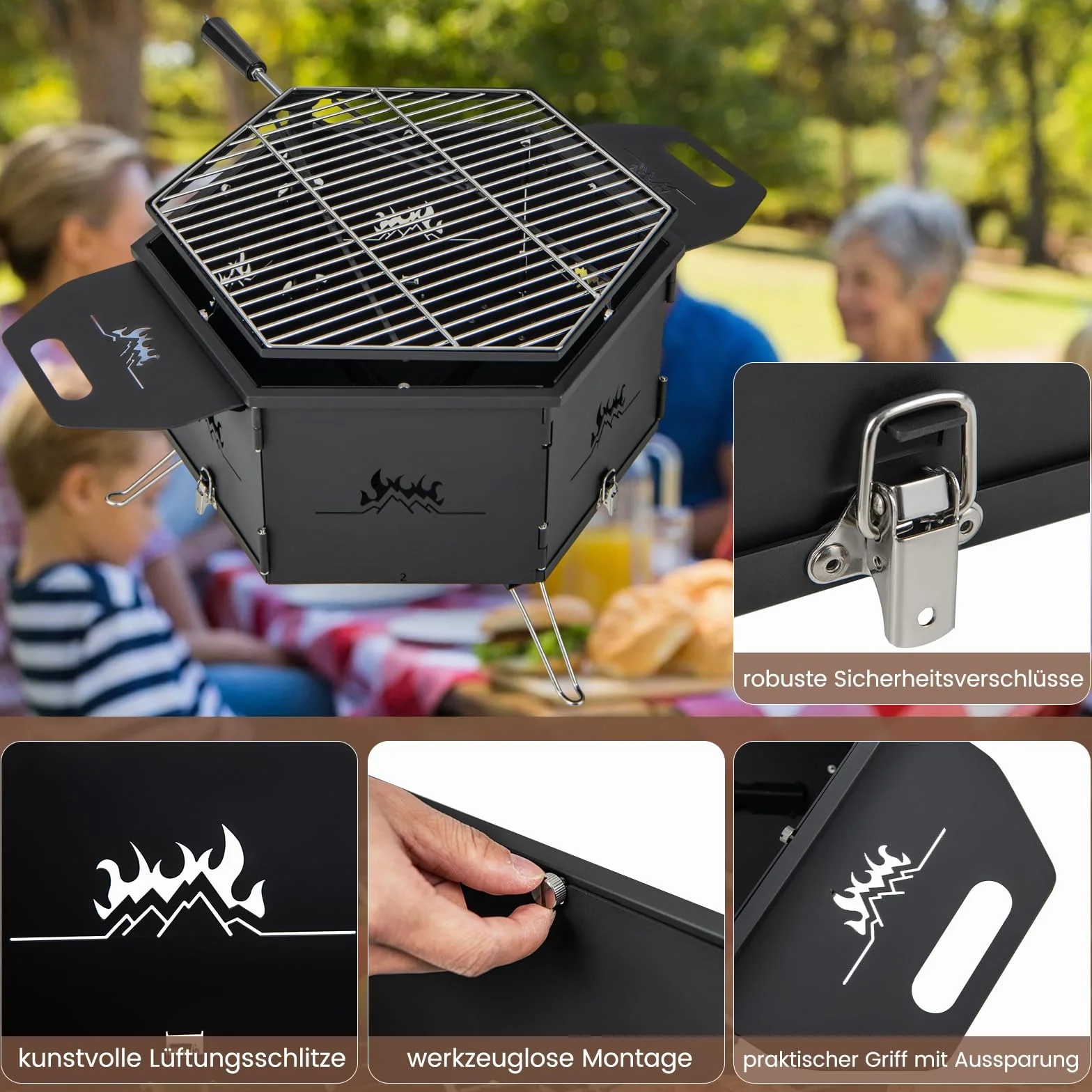COSTWAY Duży grill na węgiel drzewny, obracany 360°, palenisko 2 w 1, składany, kempingowy, 77x74x38 cm