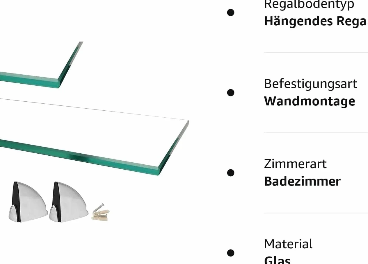 Euro Tische Szklana półka ścienna, szkło bezbarwne, szklana półka do łazienki, szklana półka pod prysznic z bezpiecznym szkłem typu ESG 6 mm i metalowymi uchwytami, do montażu, różne rozmiary (90 cm)