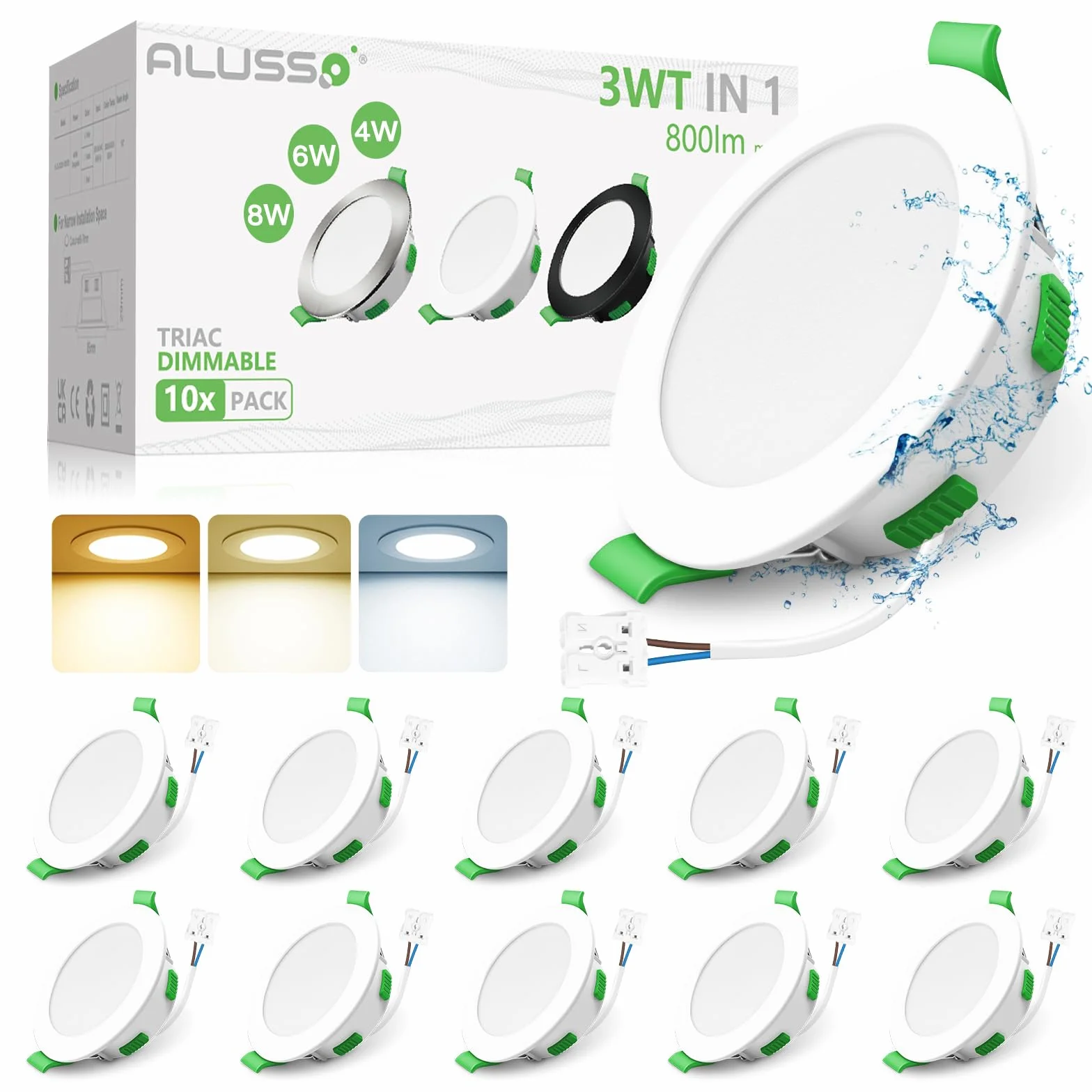 ALUSSO Ściemniany Punkt LED 230V 3WT 4W/6W/8W 3CCT 3000K/4000K/6500K Wodoodporny IP44 Regulowany Wbudowany Reflektor Suﬁtowy do Łazienki, Salonu, Opakowanie 10szt, Okrągły, Biały