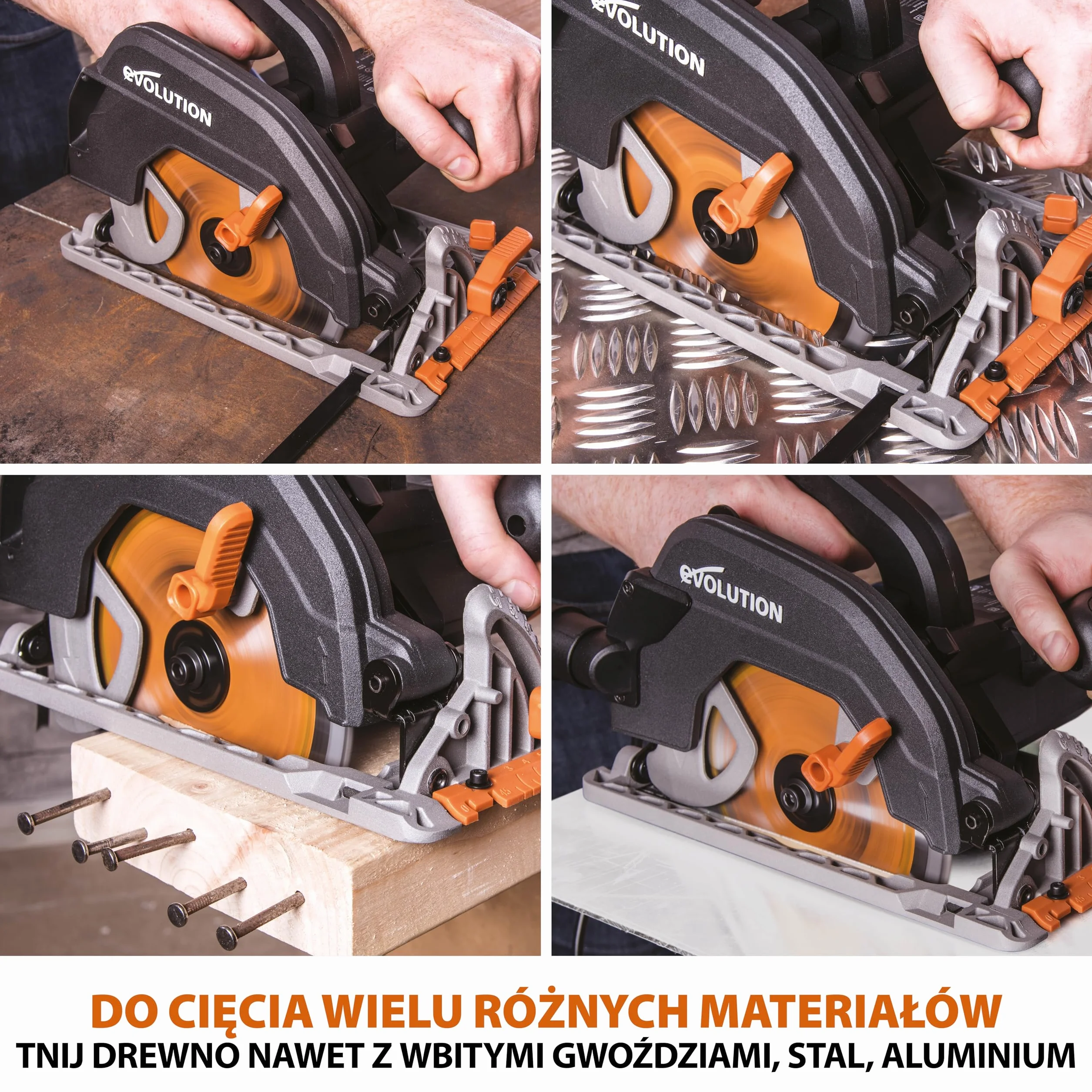 Evolution Power Tools R185CCS Pilarka tarczowa z szyną i tarczą TCT 185 mm do cięcia wielu materiałów: tnie drewno, metal stal aluminium plastik, opcja odchylenia, w zestawie prowadnica