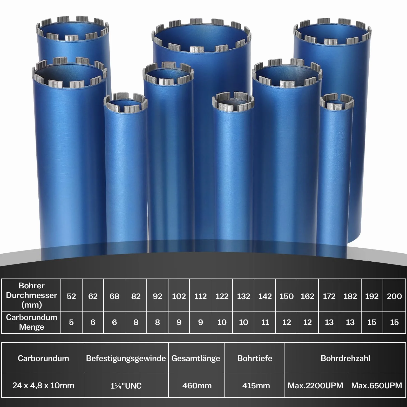 Diamentowa koronka wiertnicza do wiertarki rdzeniowej, Turbo wiertło rdzeniowe z SDS-Plus - 1 1/4" - Ø 62 mm - długość całkowita 460 mm - ze stopu metalu - wiertło do puszek na sucho do betonu