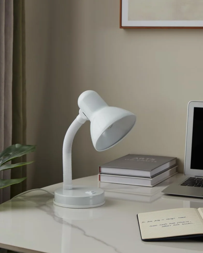 EGLO Lampa stołowa Basic, 1-punktowa lampa stołowa, lampa biurkowa ze stali i tworzywa sztucznego, kolor: biały, oprawa: E27