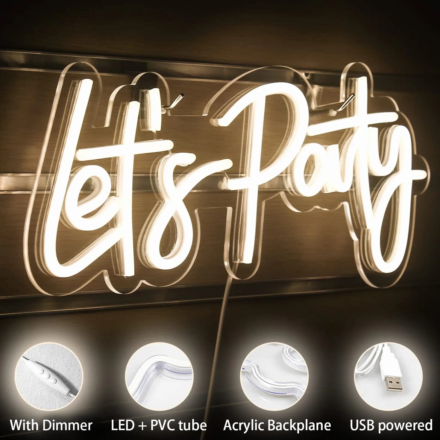 Lets Party Neon Sign Let's Party Znak Led Ściemnianie Neon Lights Dekoracja neonowa na imprezę, przyjęcie urodzinowe, dekoracje ścienne do sypialni (ciepła biel)