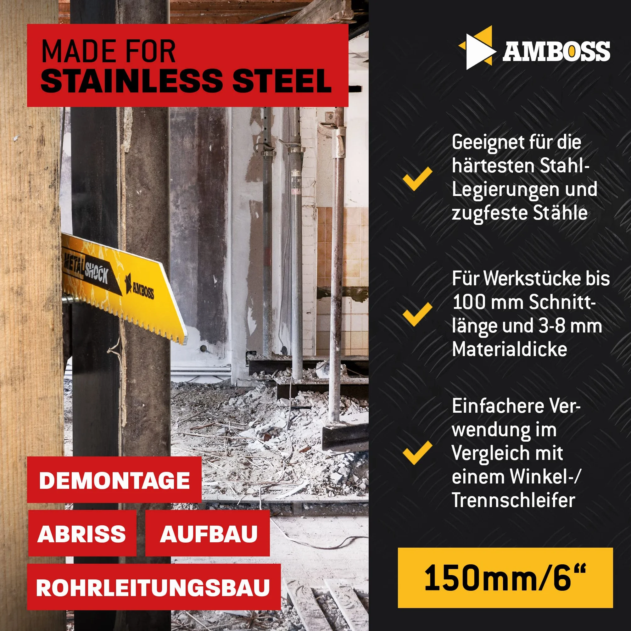AMBOSS METAL SHOCK - 10 x brzeszczot do piły szablastej długość 230 mm / 10 ZpZ - idealny do odrywania/ montażu / demontażu/budowy rur - nadaje się do stali nierdzewnej oraz stali (rury/profile/nośniki) oraz rur żeliwnych