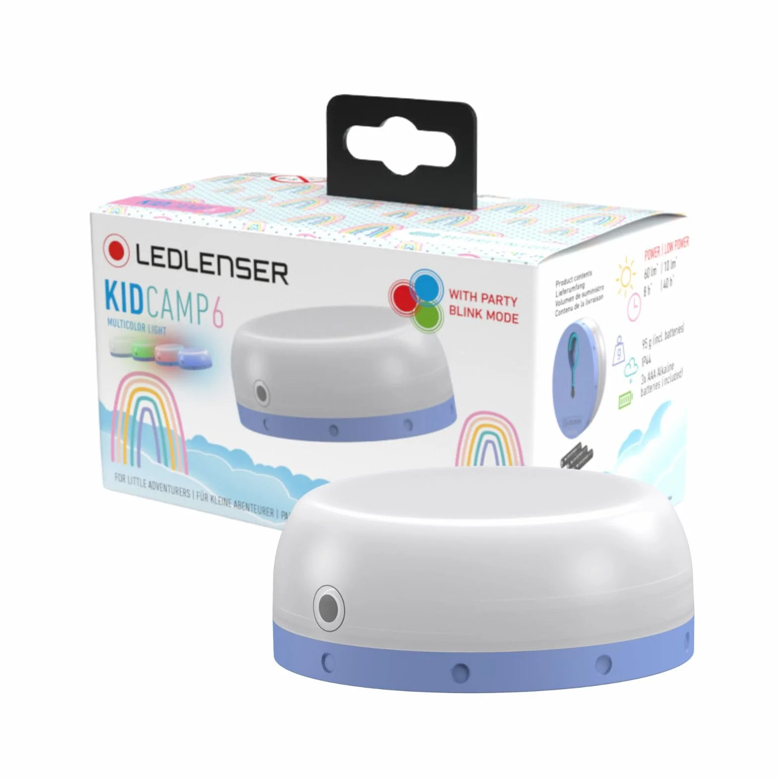 Ledlenser KIDCAMP6, bezpieczna i wytrzymała latarnia LED dla dzieci, zmniejszony efekt oślepiania dla oczu, automatyczne wyłączanie, nastrojowe światło, tryb migania na imprezę (liliowa)