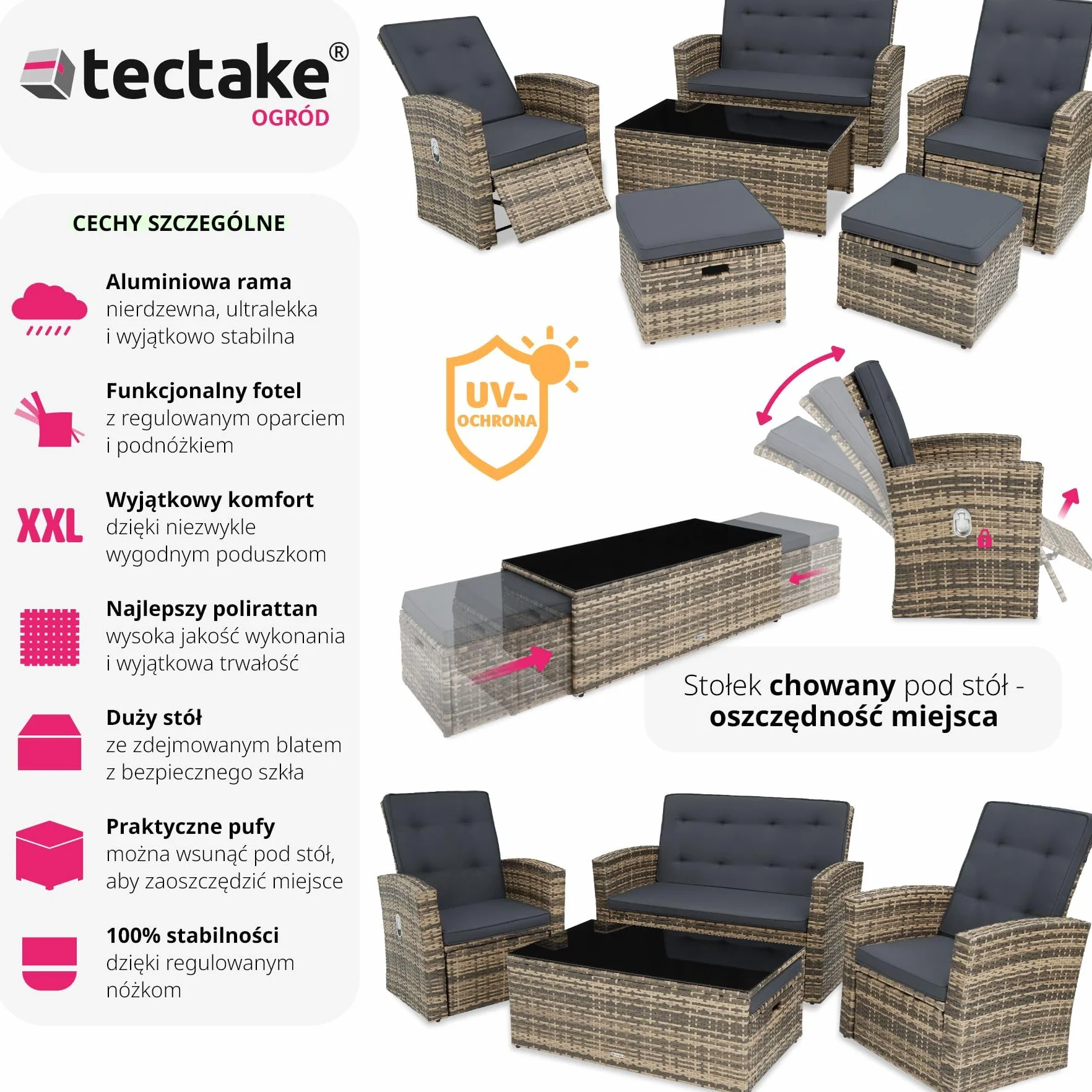 tectake® Zestaw Mebli Ogrodowych Bari, 6-osobowy, Wysokiej Jakości Technorattan UV, Aluminiowa Rama, Regulowane Oparcia, Stolik ze Szkłem Bezpiecznym (Naturalny)