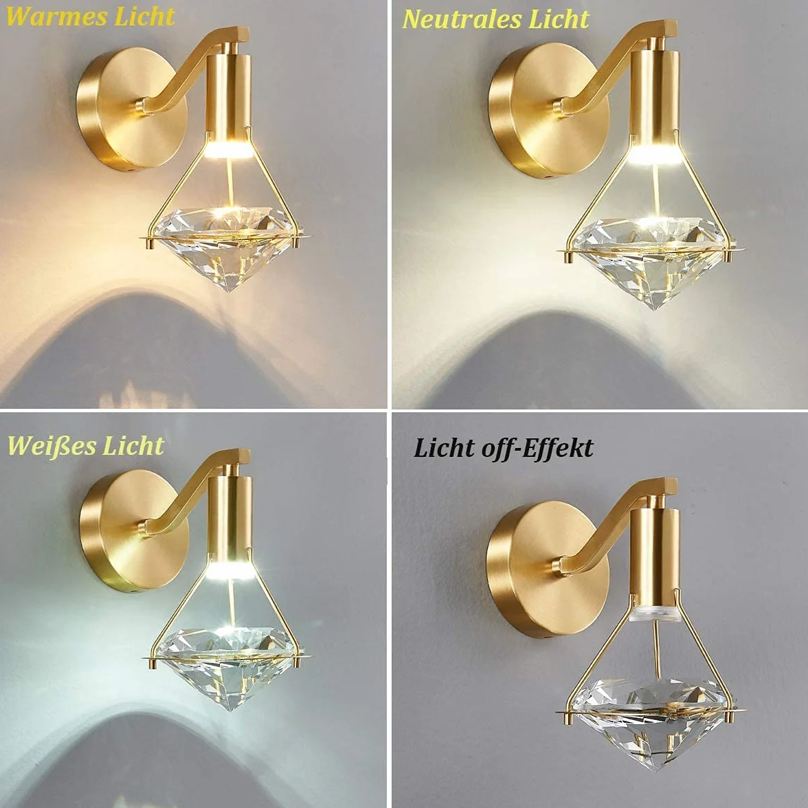 Kryształowa lampa ścienna LED kryształowa diamentowa lampa ścienna 3W ściemnialna lampka nocna 3000K-6000K, mosiężna lampa, nowoczesne oświetlenie wewnętrzne