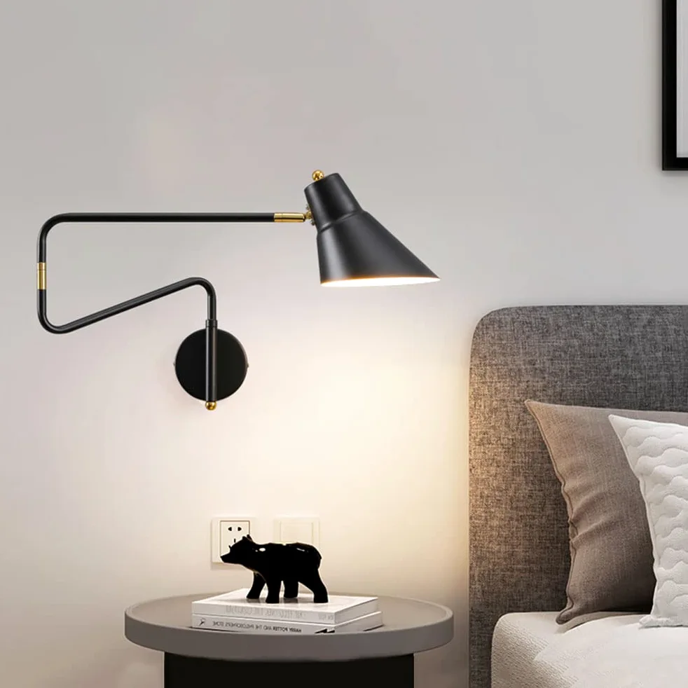 Lampa ścienna przemysłowy z włącznikiem i wtyczką, Kinkiet Regulowany Metalowy Długi Ramię, Lampy ścienne do czytania z kablem Regulowana lampka nocna sypialnia lampa do salonu wewnętrzne E27,Black