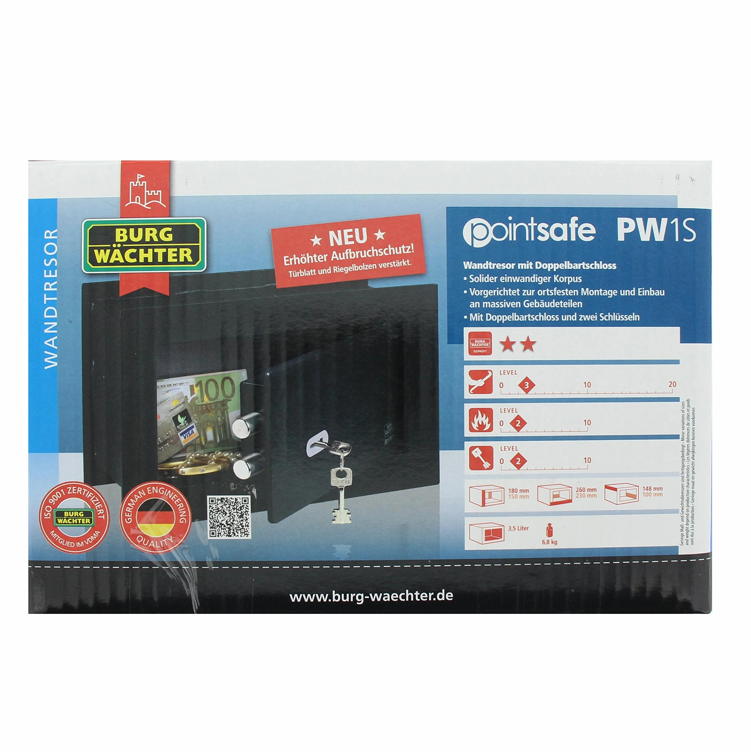 BURG-WÄCHTER Sejf ścienny na klucz, Point-Safe, Do wmurowania, 3,5 l, 6,6 kg, PW 1 S, Czarny