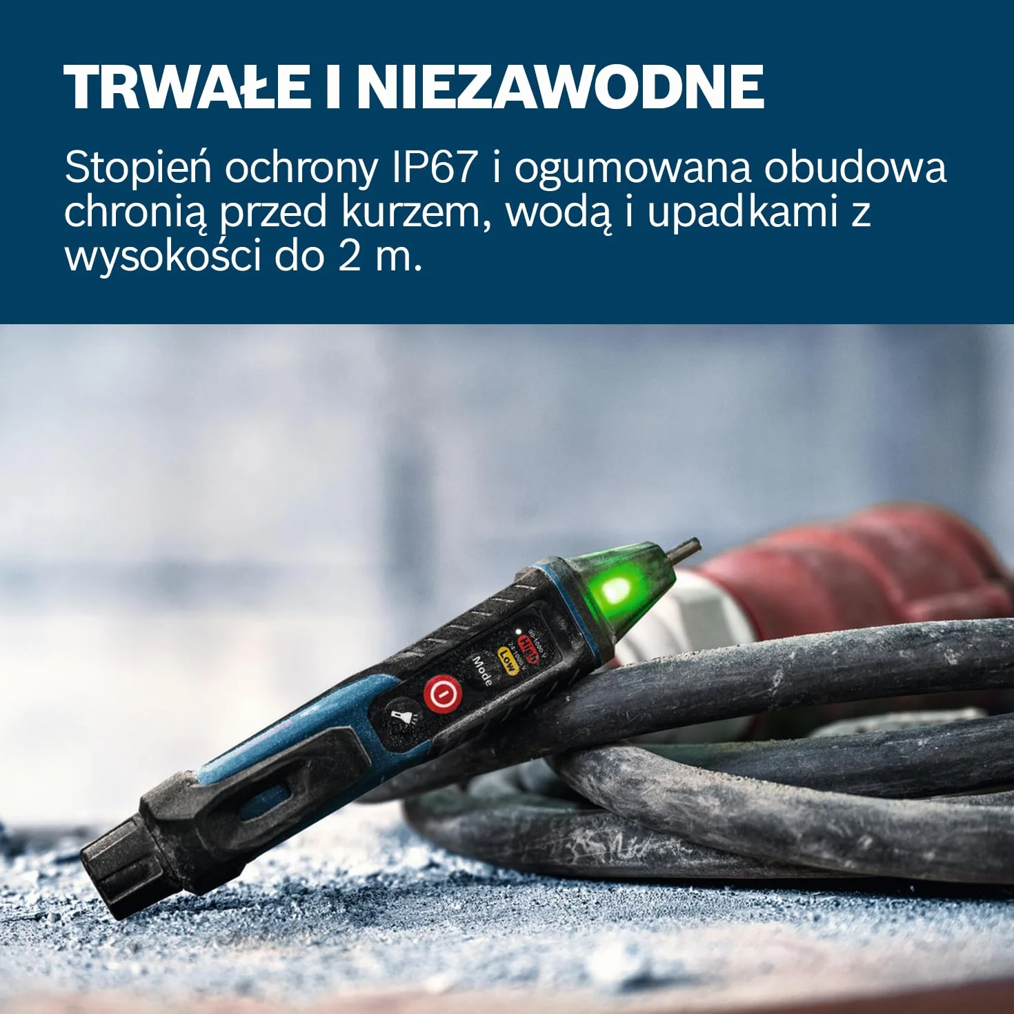 Bosch Professional Tester elektryczny GVD 1000-17 (bezdotykowe wykrywanie napięcia, IP67, podwójny zakres 24-1000V AC, zintegrowana latarka, zaczep do paska, CAT IV 1000V)