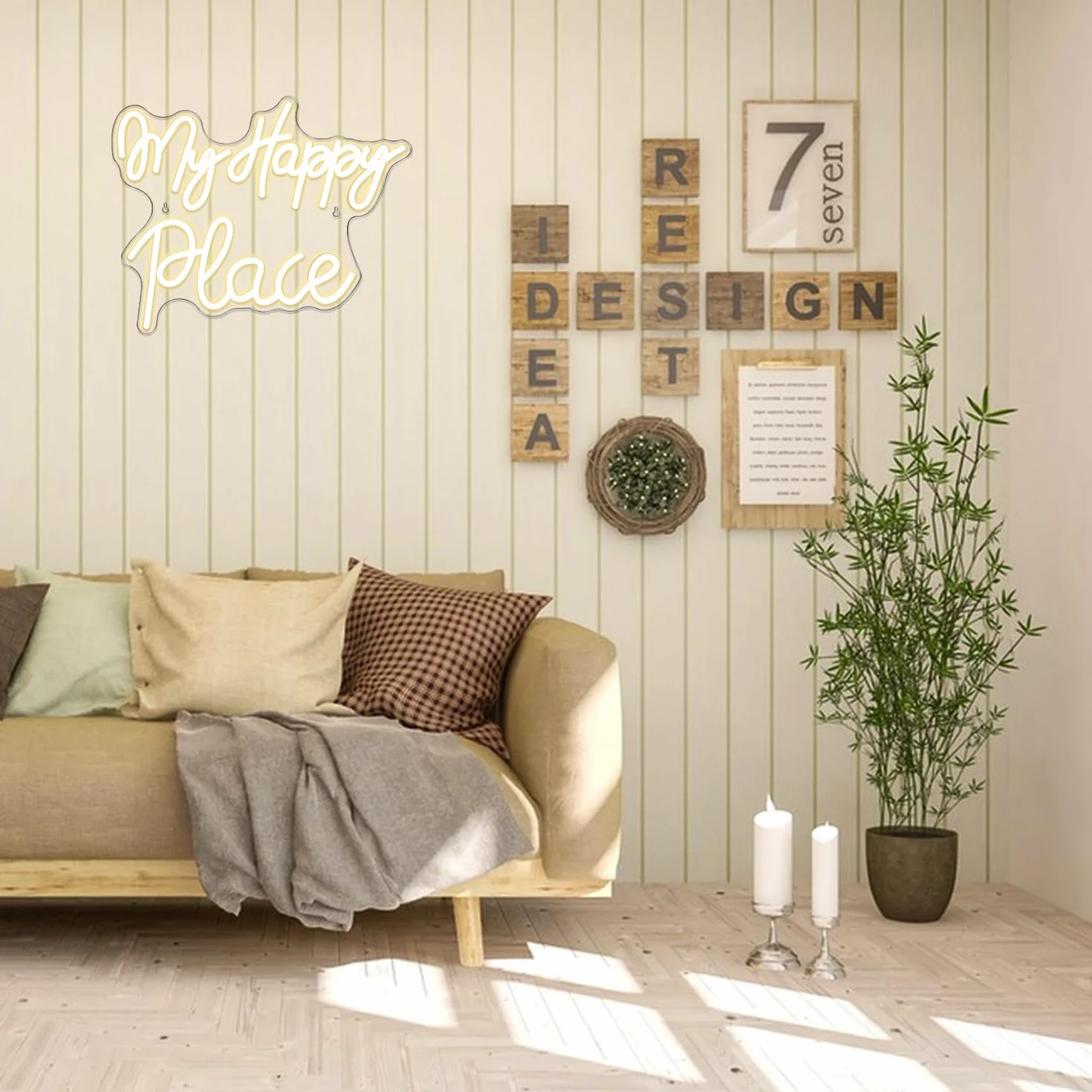 Neonowy znak My Happy Place, ciepłe białe światła neonowe do sypialni, znak LED z literami z zasilaniem USB do salonu, dekoracji ścian, pokoju gier, baru