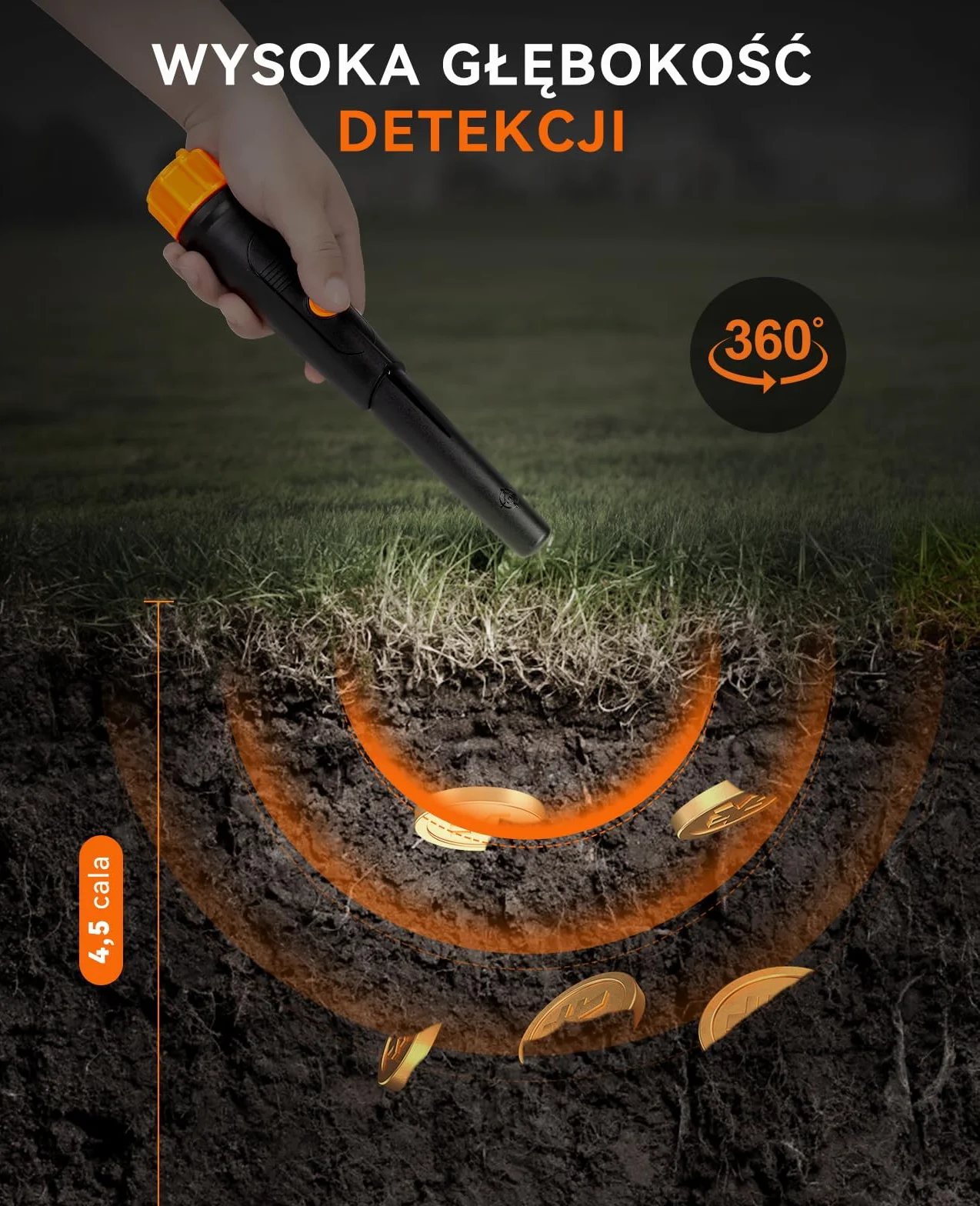 SUNPOW Wykrywacz Metali Pinpointer – IP68 Wodoodporny 360° Detektor Metalu z Kaburą, Dźwięk, Wibracje (3 Tryby), Bateria 9V i Woreczek Aksamitny w Zestawie