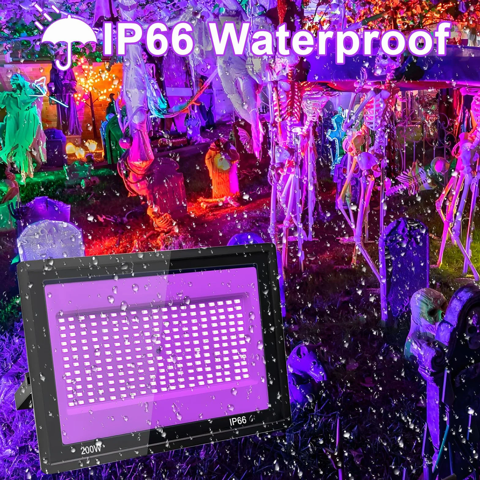 2 sztuki 200 W czarne światło LED, IP66 wodoodporna lampa UV UV, czarne światło ultrafioletowe z przełącznikiem na Halloween, malowanie ciała, neon, DJ, czarne światło, klub nocny