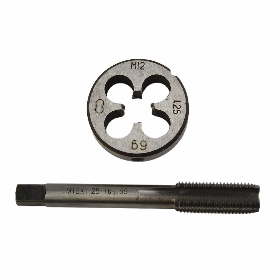 Zestaw gwintowników i narzynek, gwintowniki i narzynki do gwintów okrągłych, gwintowniki HSS HSS metryczne prawe 12 mm x 1,25 mm i zestaw narzynek M12 x 1,25 mm do polerowania DIY