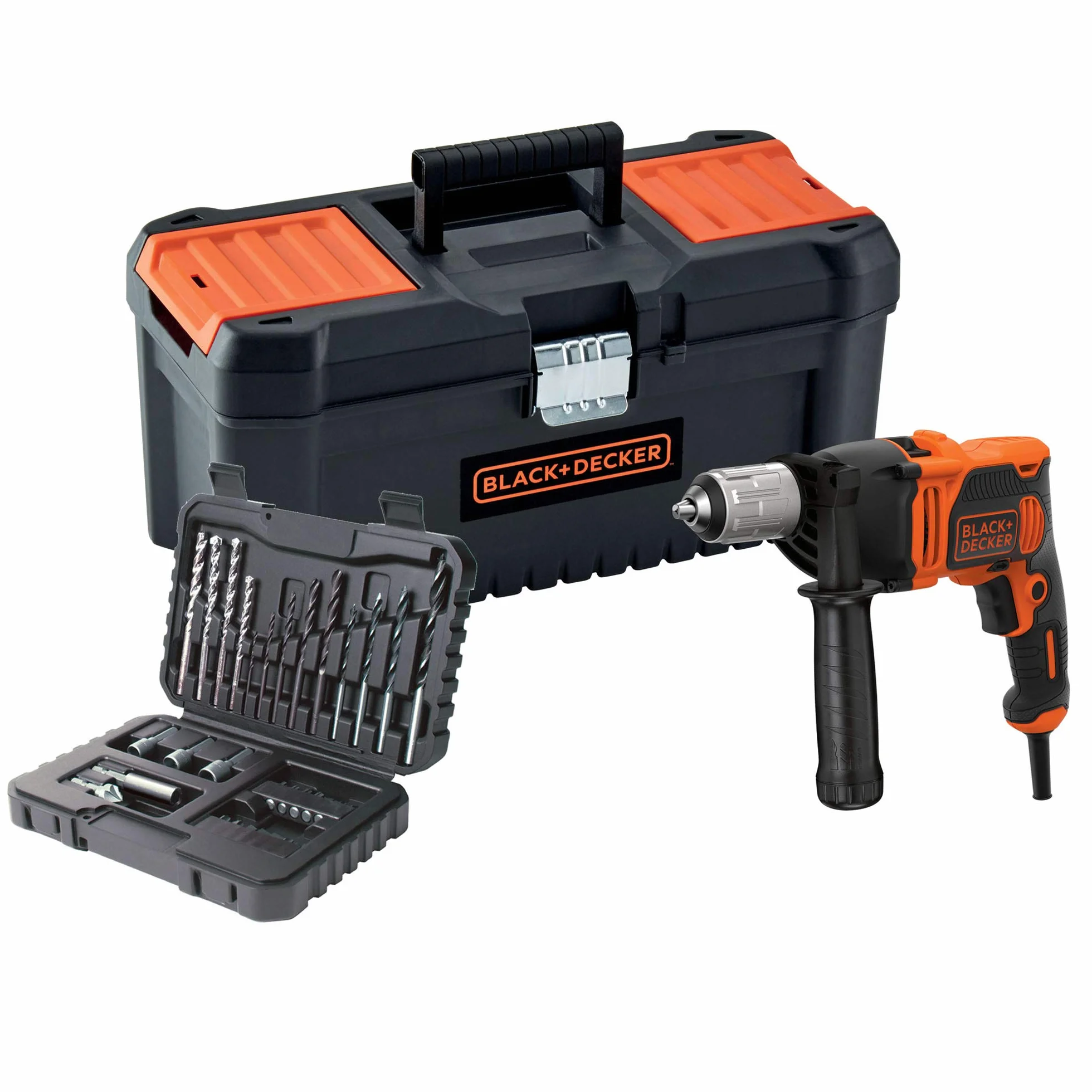 BLACK+DECKER BeH850KA32-QS młot udarowo-obrotowy 850 W z 32 akcesoriami, zmienna prędkość obrotowa, bezkluczykowy uchwyt wiertarski, funkcja udarowa, BEH850KA32-QS