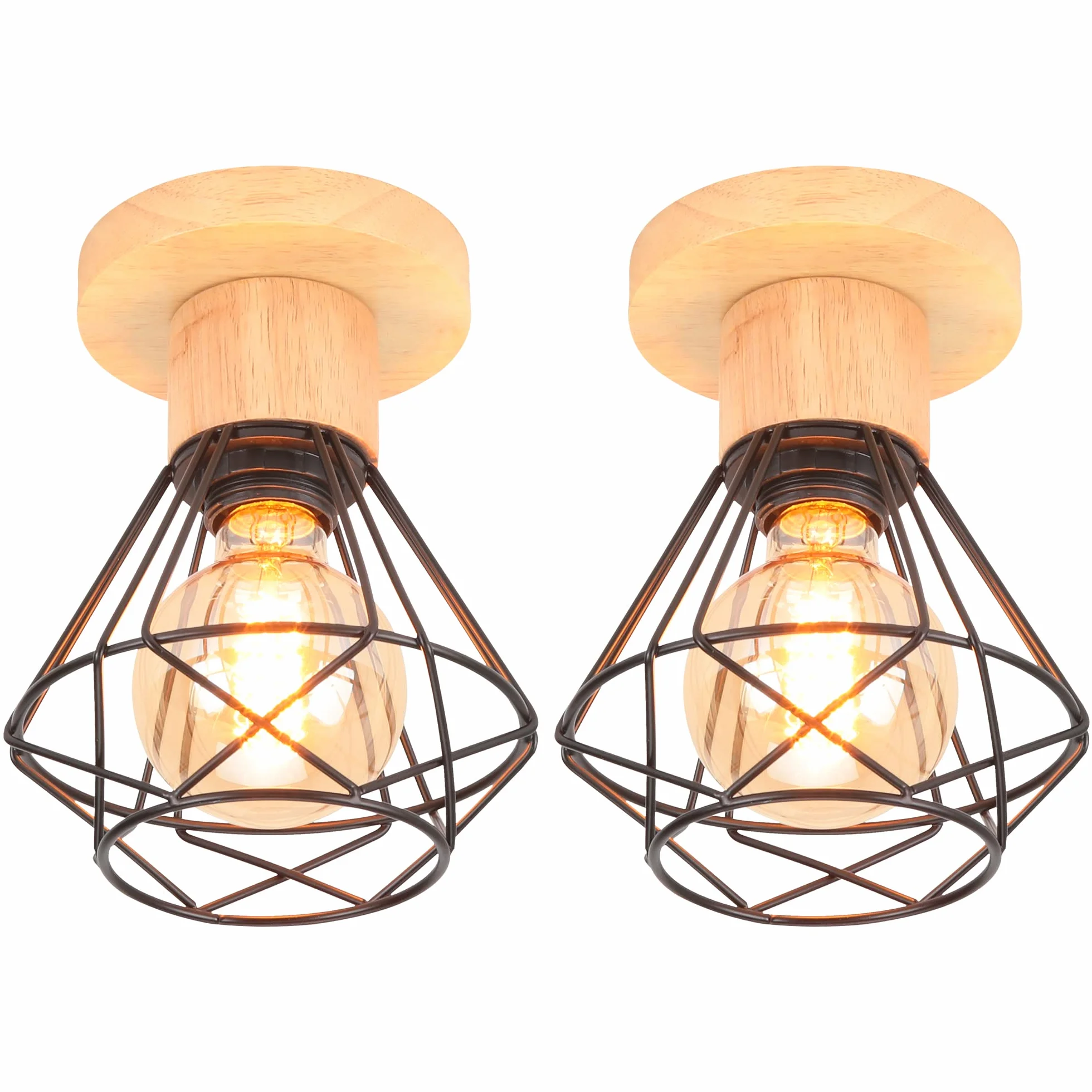 iDEGU Zestaw 2 lamp sufitowych przemysłowych, 16 cm Vintage E27 Retro żyrandol wisząca z żelaza i drewna Klatka Design Czarna lampa sufitowa do wejścia do przedpokoju sypialni kuchni