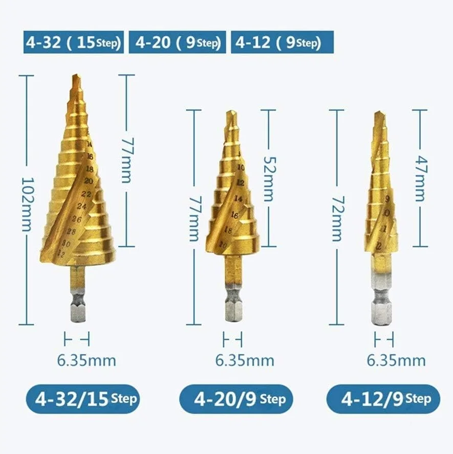 Wiertła do metalu, wiertło stopniowe z rowkiem spiralnym, wiertła stopniowe ze spiralnym rowkiem Hss 4-12/4-20/4-32 mm Narzędzia do cięcia stożkowego stopniowego Wiertło do metalu ze stali do obróbki