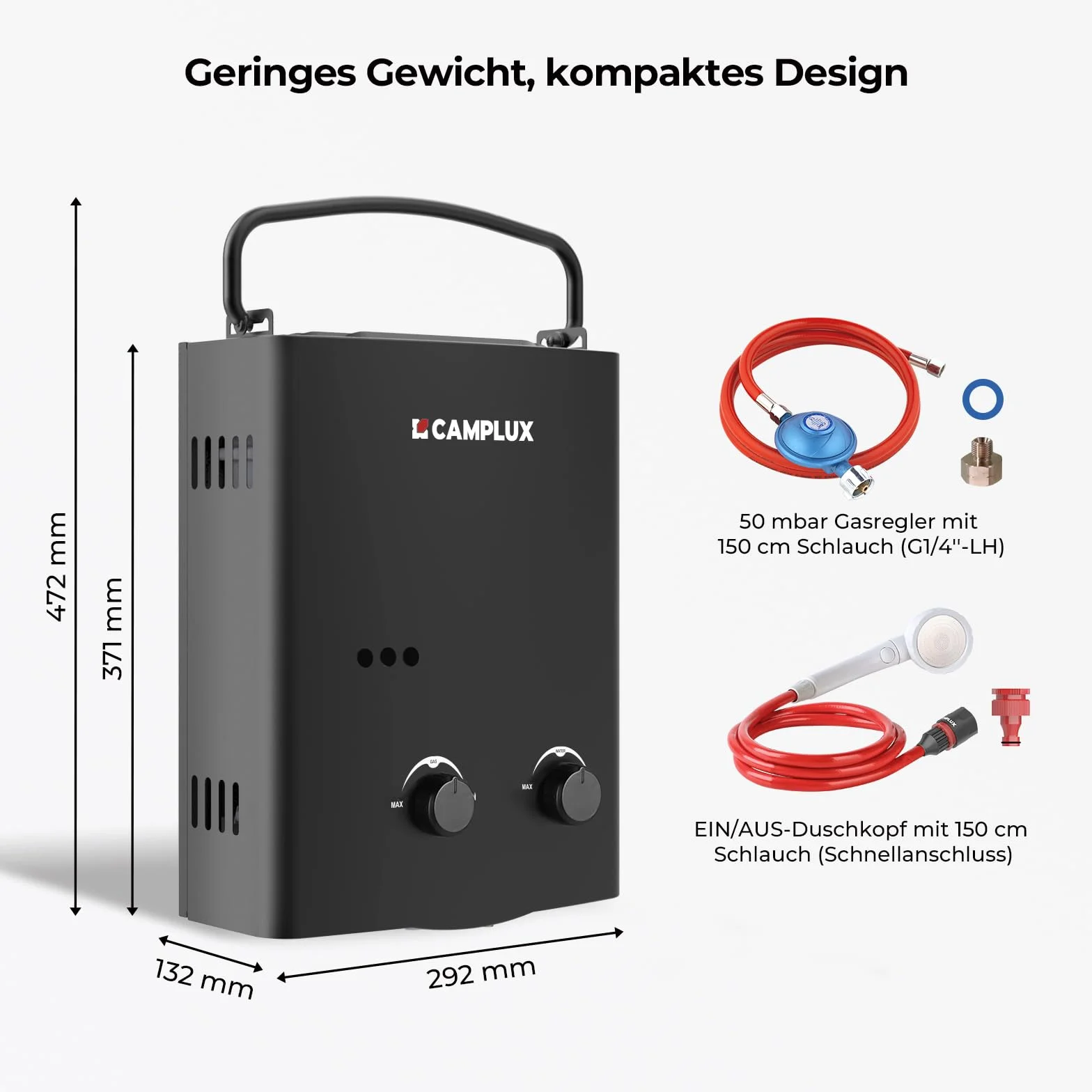 Camplux AY132B-DE bezzbiornikowy podgrzewacz wody 50 mbar, 5 litrów LPG z przenośnym uchwytem, 10 kW, propan lub butan, do prysznica kempingowego