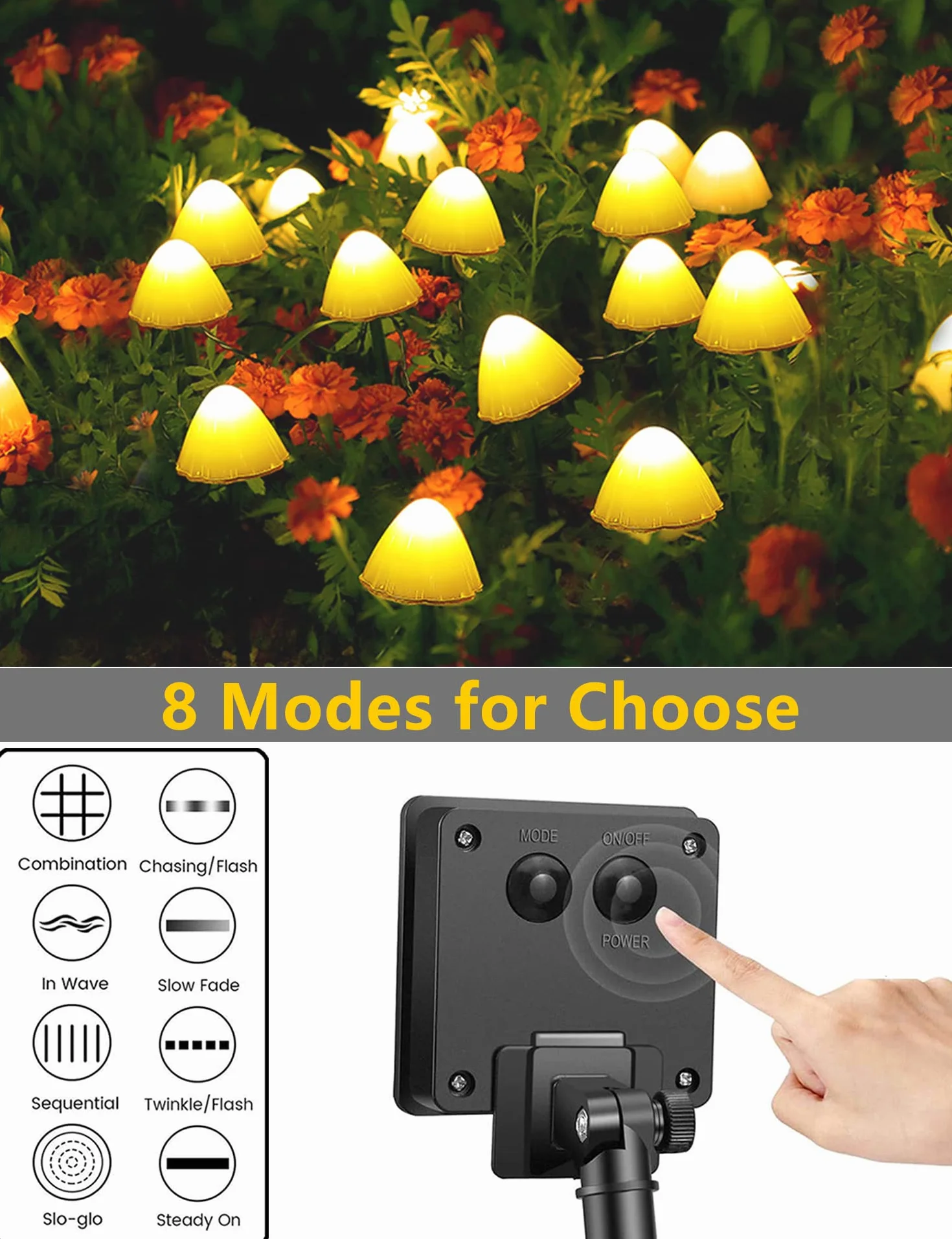 Solarna lampa ogrodowa z 20 diodami LED, z grzybami do użytku na zewnątrz, 5 m, 8 trybów pracy, wodoszczelna, dekoracja na podwórko, chodnik, drogę, wesele, imprezę, choinkę, urodziny, ciepła biel