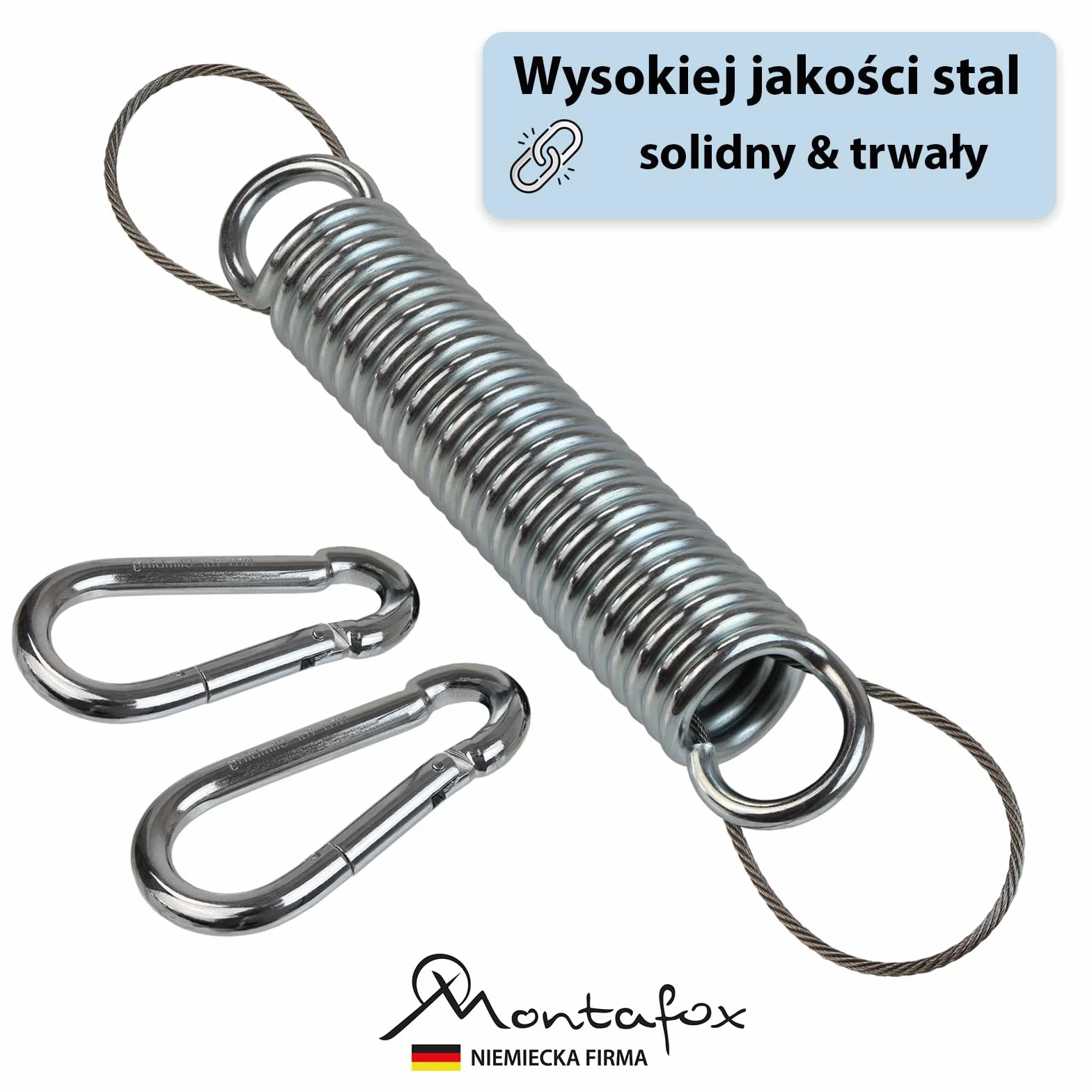 Montafox Sprężyna do mocowania 150 kg fotela wiszcego hamaka kołyski z liną zabezpieczającą 2 karabińczyki stal ocynkowana