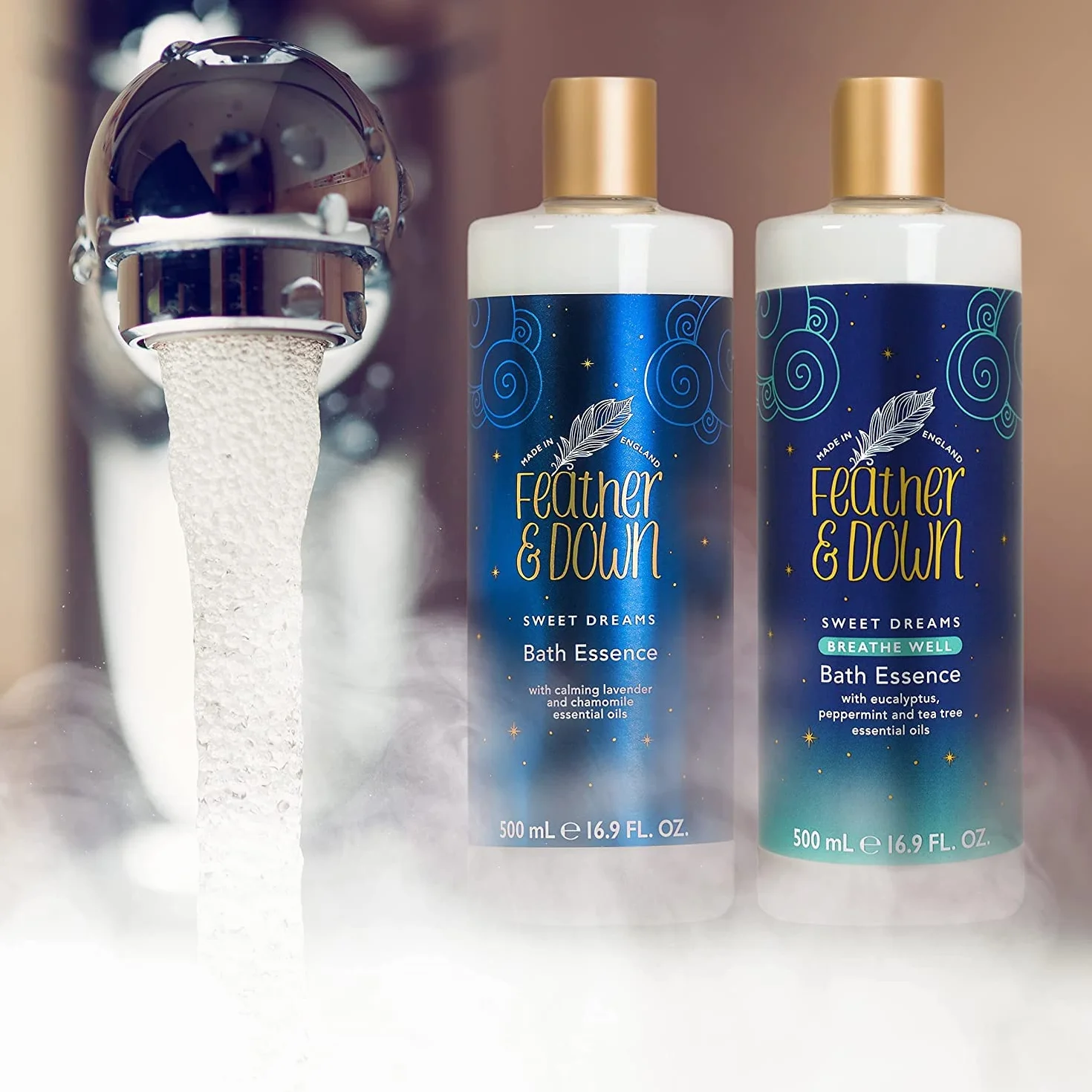 Feather & Down Esencja kąpielowa Sweet Dream (500 ml) – z uspokajającymi olejkami eterycznymi z lawendy i rumianku. Przyczynia się do przygotowania do spokojnego odpoczynku w nocy.