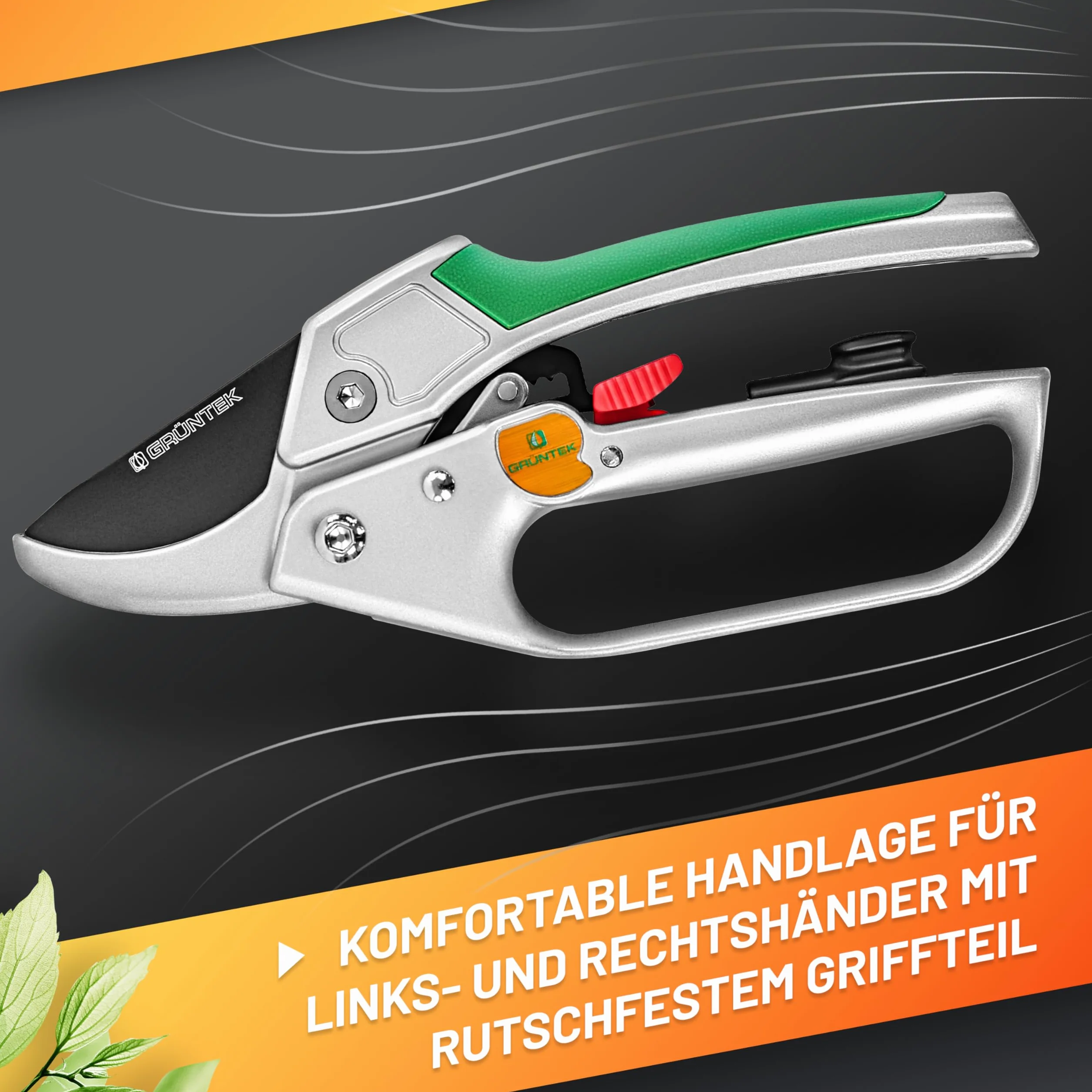 GRÜNTEK Condor Sekatory z grzechotką, 200 mm, ostrze SK5, cięcie 20 mm, wytrzymałe sekatory ogrodowe, automatyczne nożyce z grzechotką, z gąbką olejową i ostrzałką