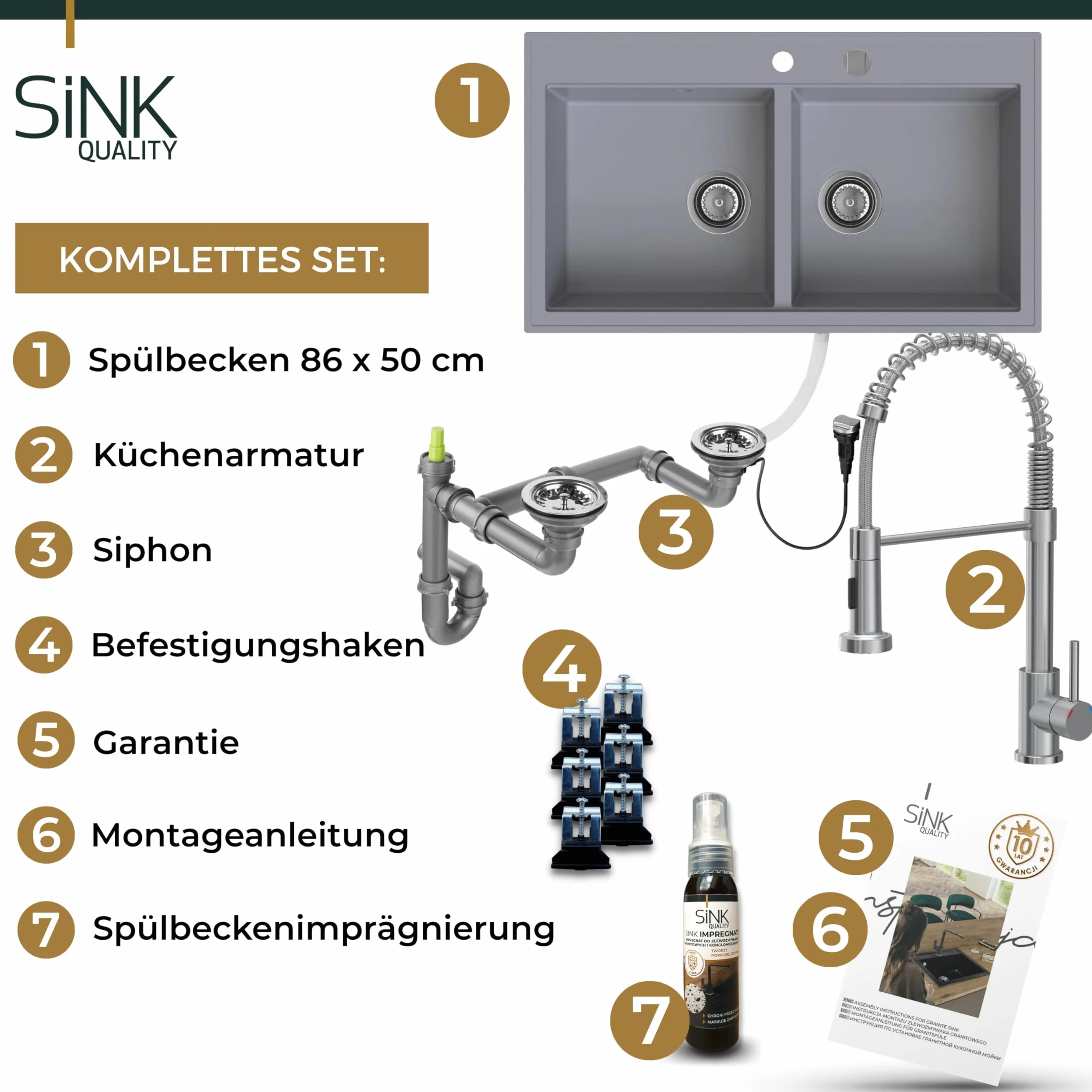 SINK QUALITY podwójny zlew szary z armaturą, zlewozmywak granitowy podwójny 86 x 50 cm, podwójny zlew z syfonem i substancją impregnującą, 2 umywalki zlewozmywak kuchenny od szafki pod umywalkę 85