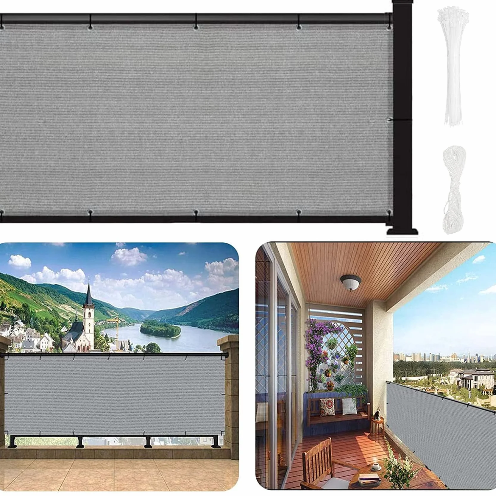 Osłona balkonowa 120 x 700 cm odporna na warunki atmosferyczne szara na taras prywatności z liną i oczkami