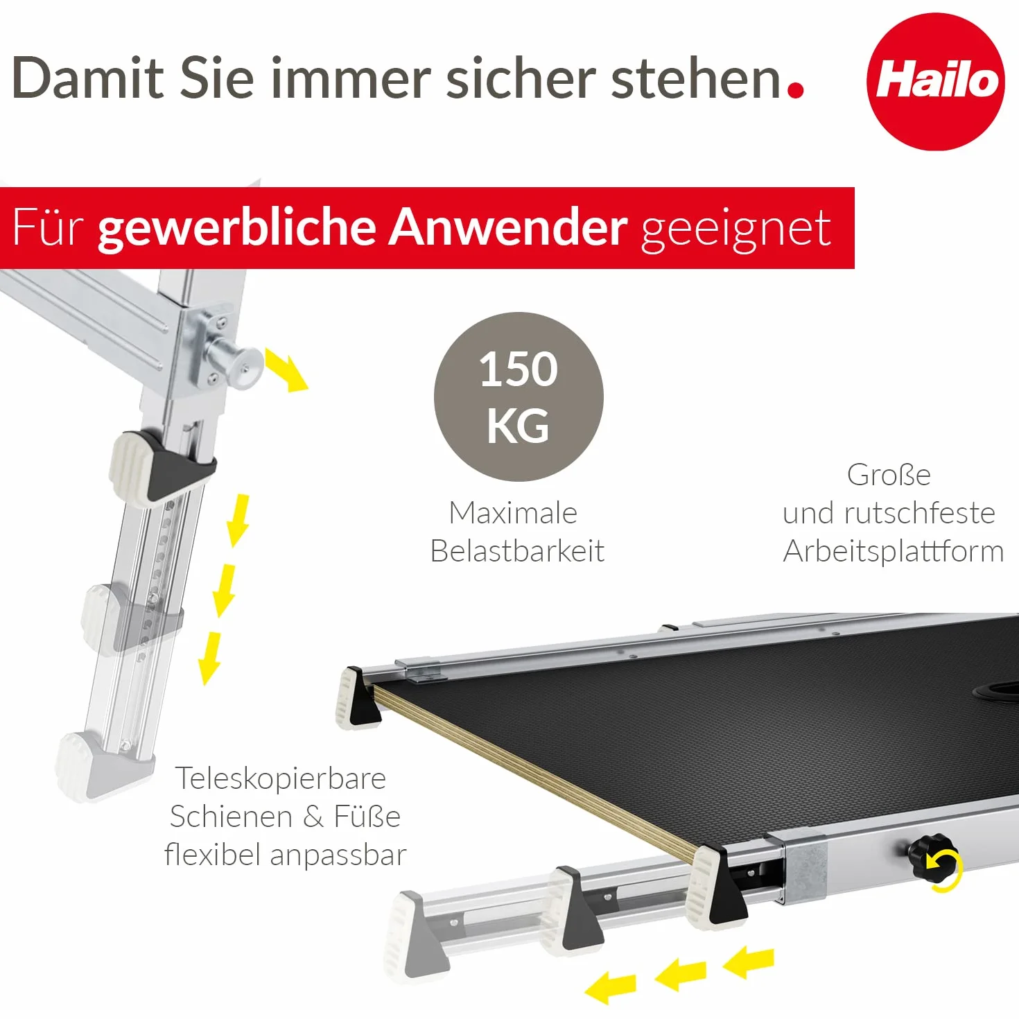 Hailo TP2 Pro platforma robocza do drabin Hailo do 4 stopni, stabilna rama aluminiowa, nośność do 150 kg, waga 9 kg, srebrna