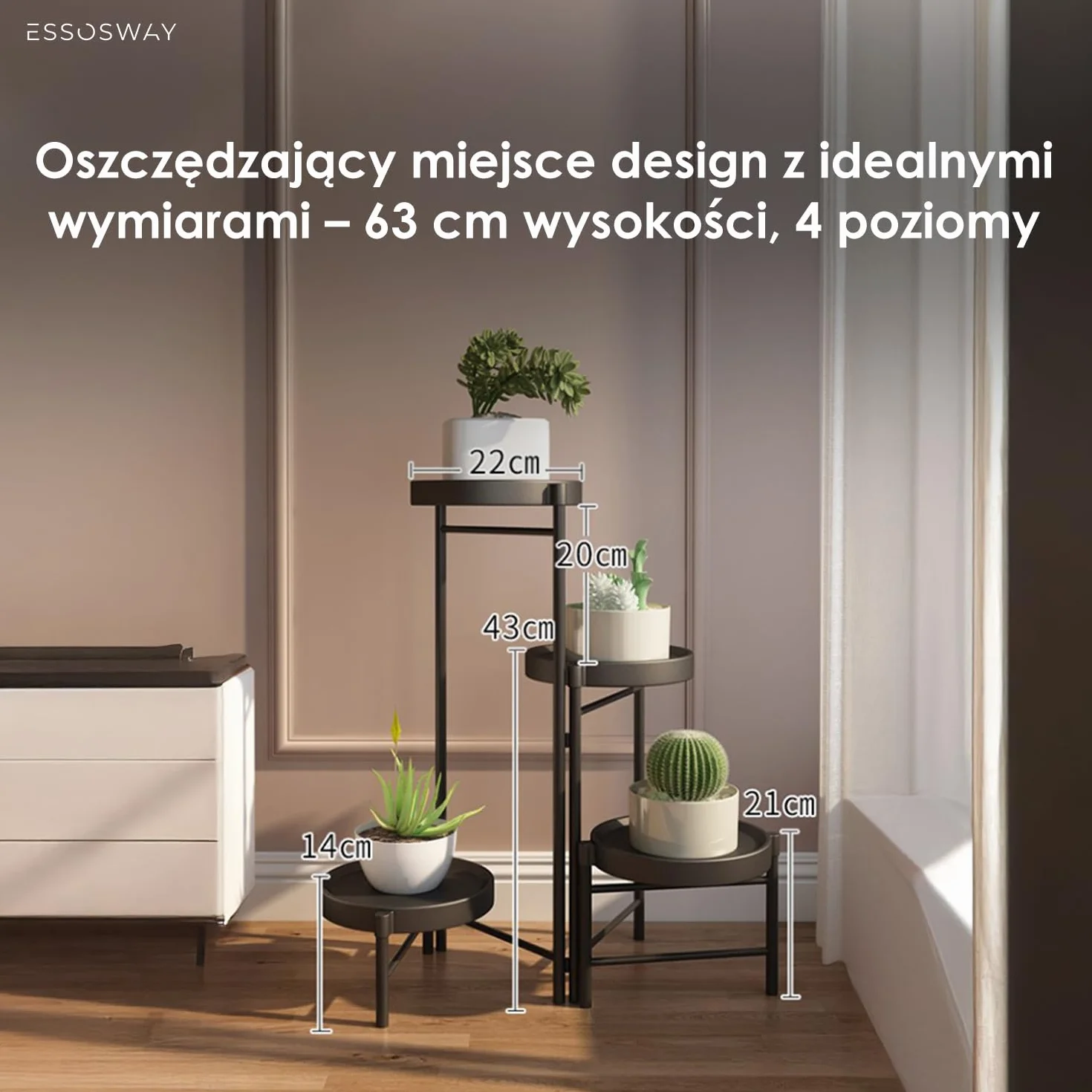 Metalowy Kwietnik Stojący 4-poziomowy 63 cm Czarny Stojak na Rośliny