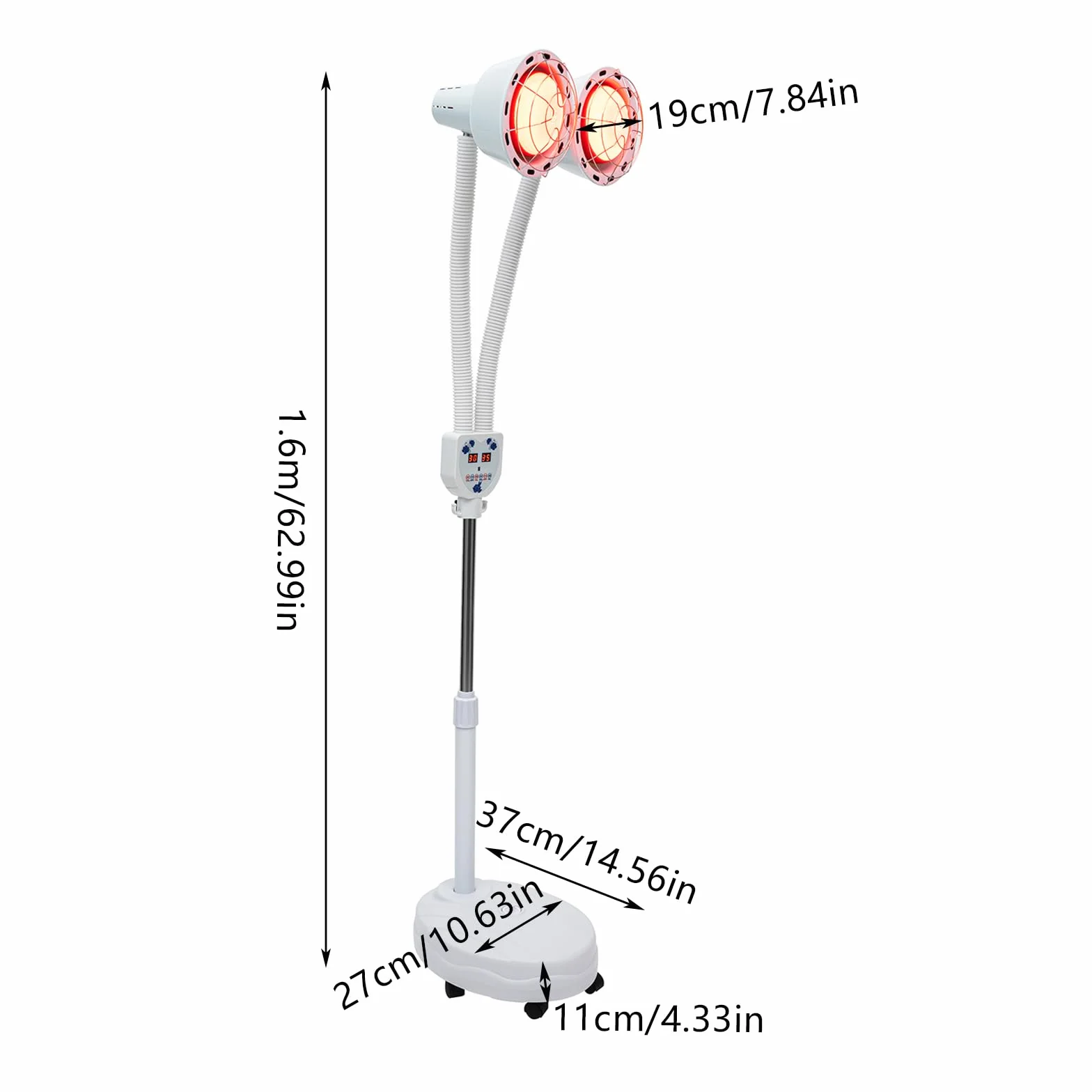 Czerwona lampa z podwójną głowicą, lampa 360°, regulowana lampa grzewcza do fizjoterapii, napięcie mięśni z kółkami i pilotem zdalnego sterowania